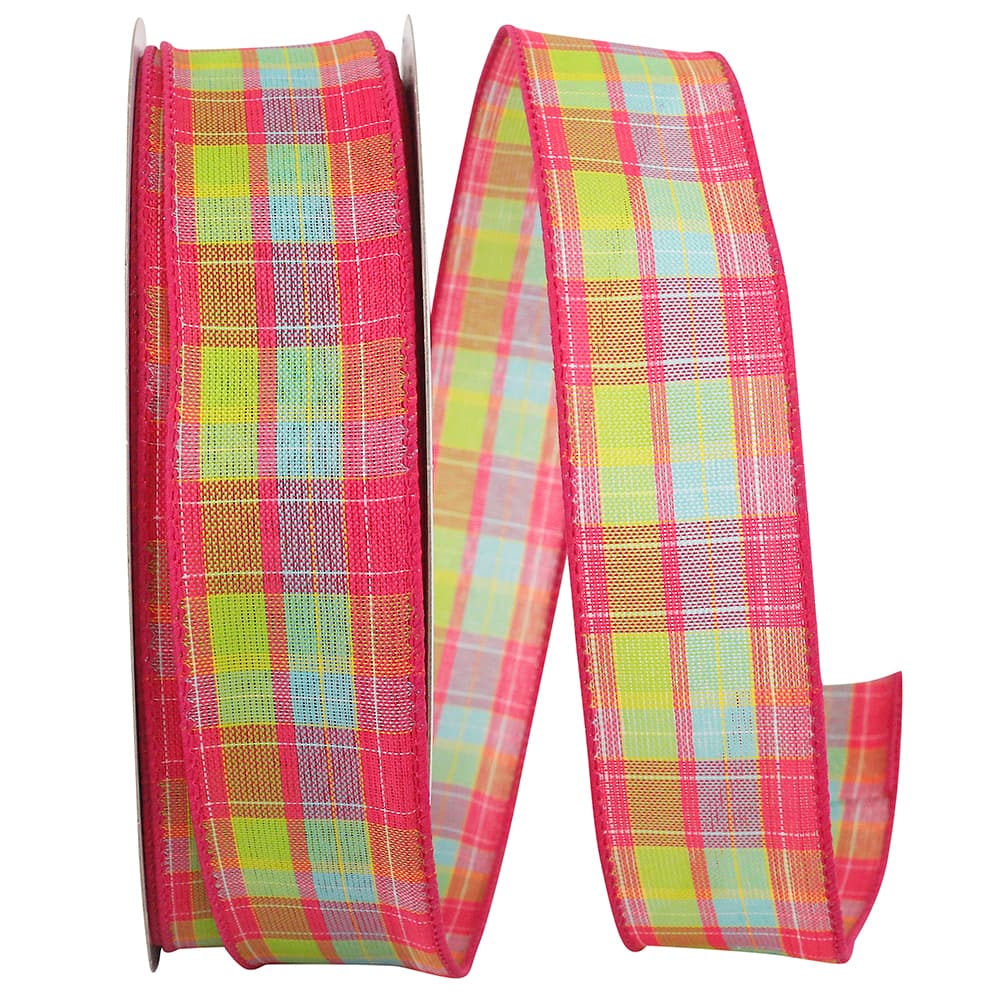 Reliant 1.5&#x22; x 10yd. Pink Bright Plaid Wired Ribbon