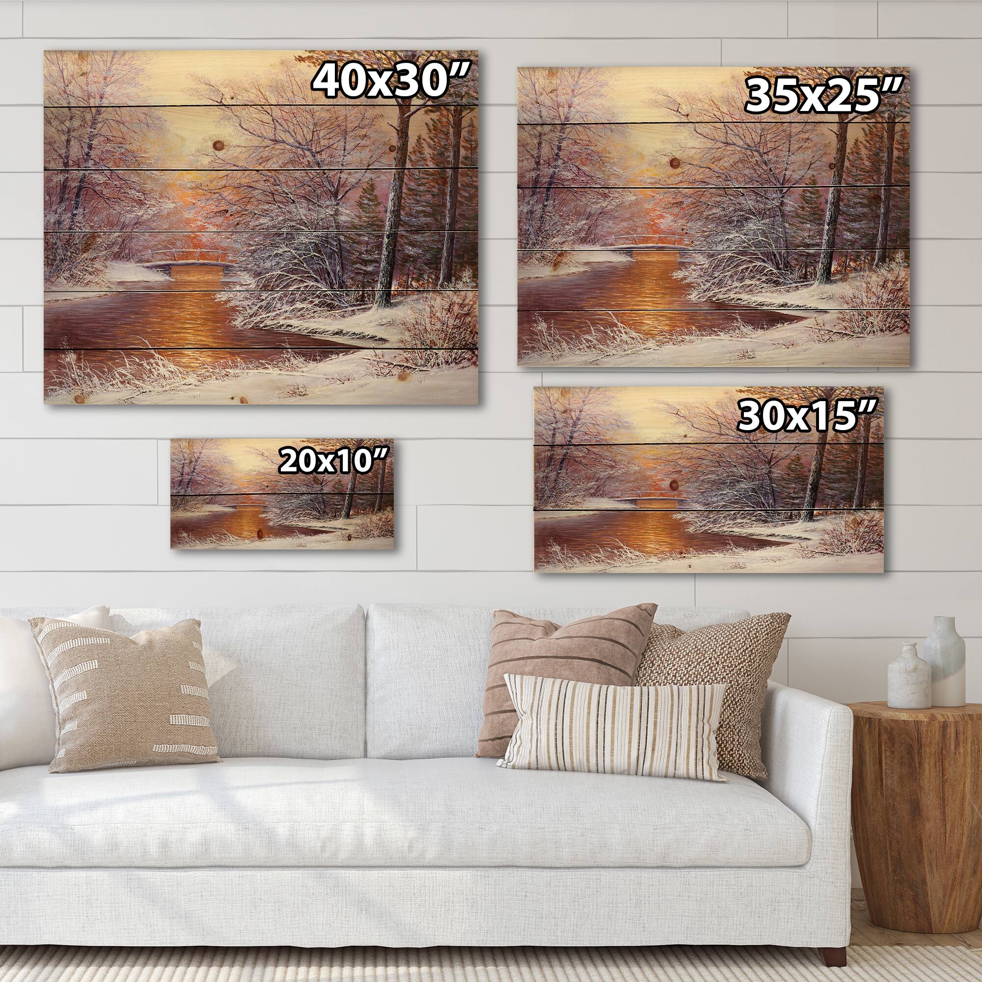 Designart Christmas Forest with River & Trees II Print on Natural Pine Wood