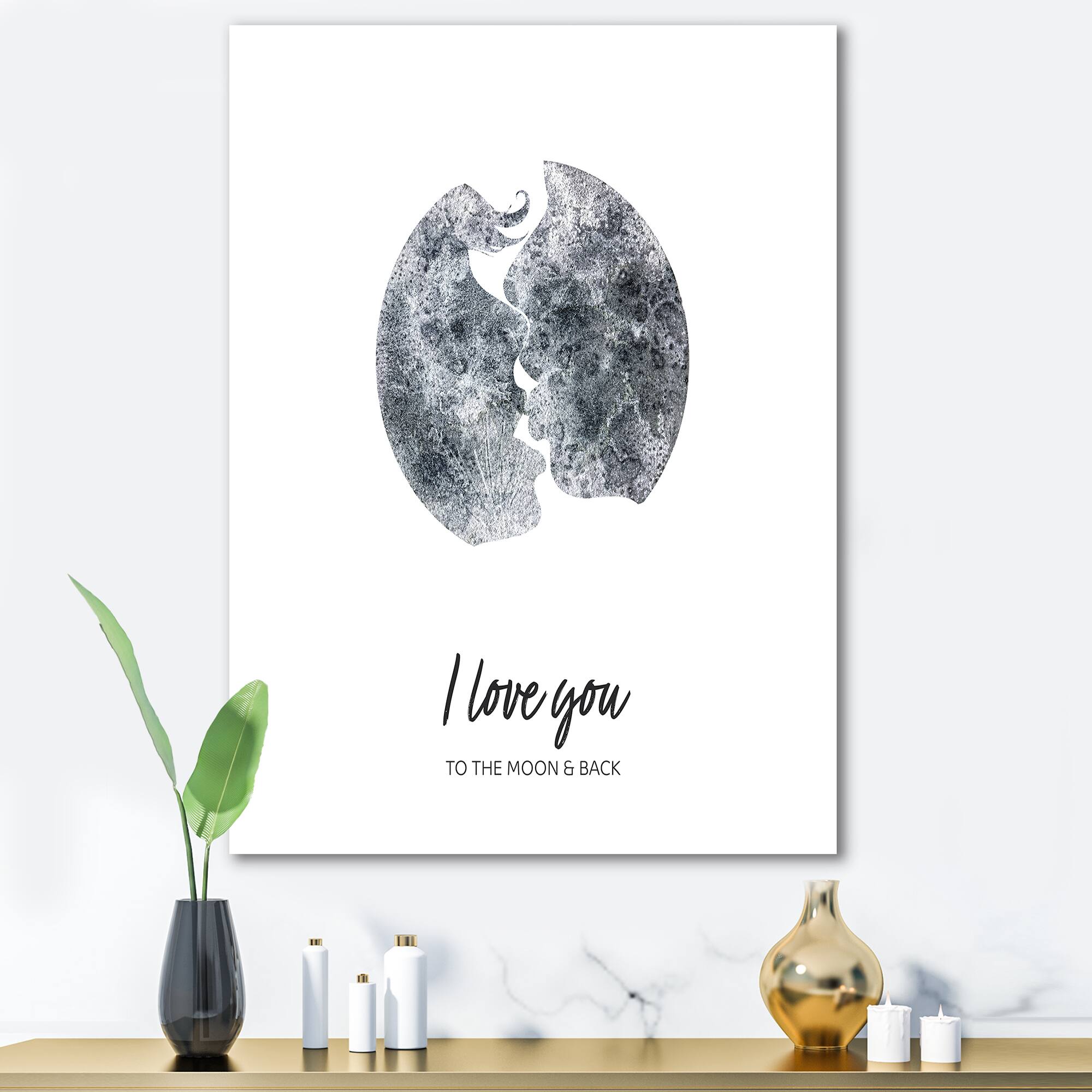 Designart - Romantic Moon Kiss of Two Lovers - Modern Canvas Wall Art Print