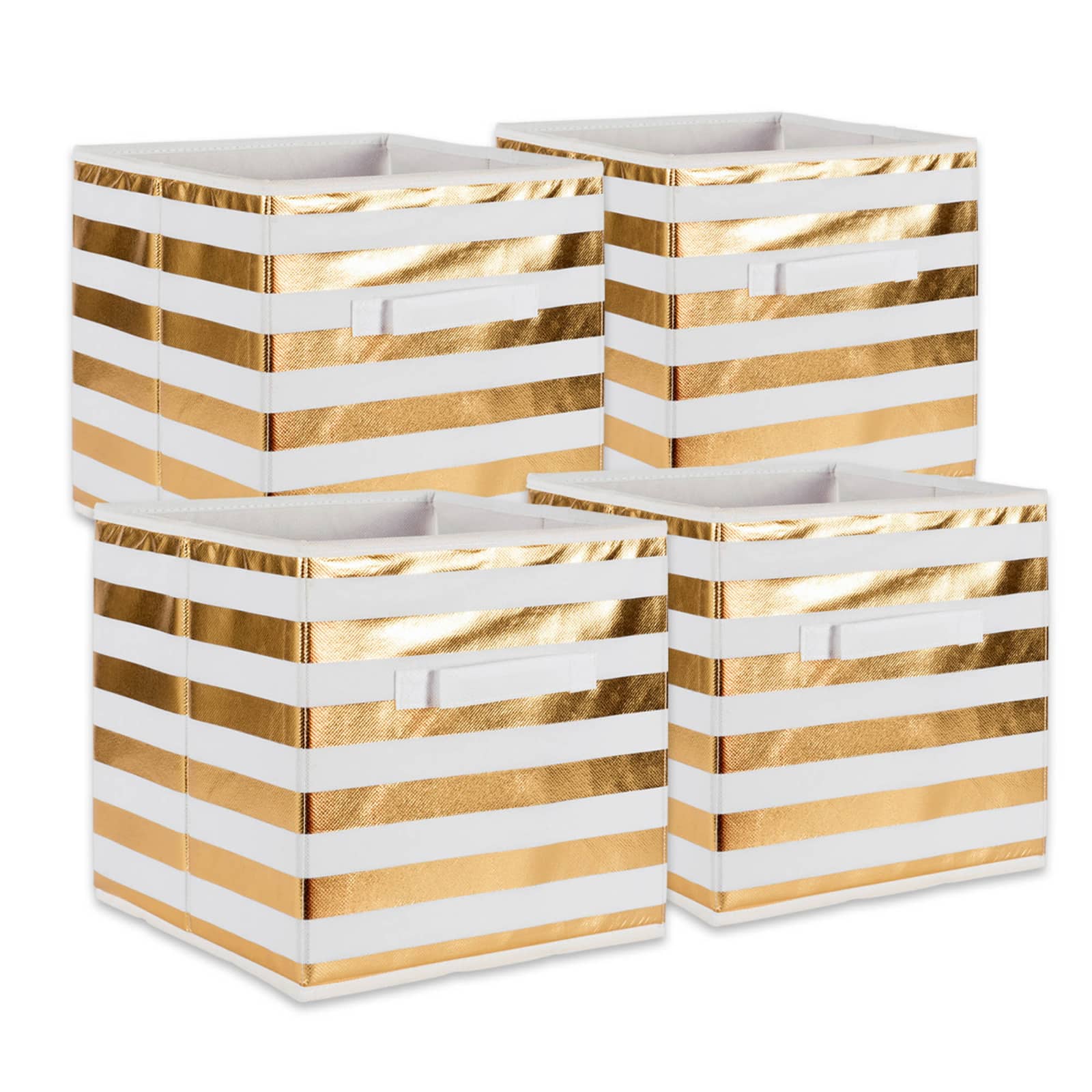 DII® 11" Nonwoven Polyester White & Gold Stripes Storage Cube, 4ct.