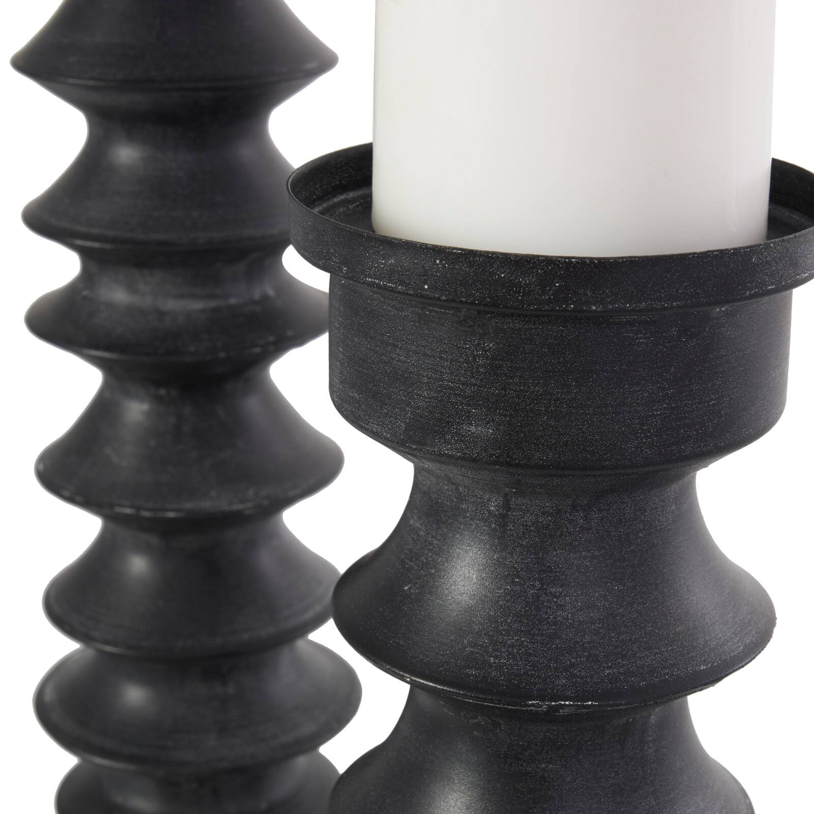 Black Metal Turned Style Pillar Candle Holder with Brown Wood Bases Set