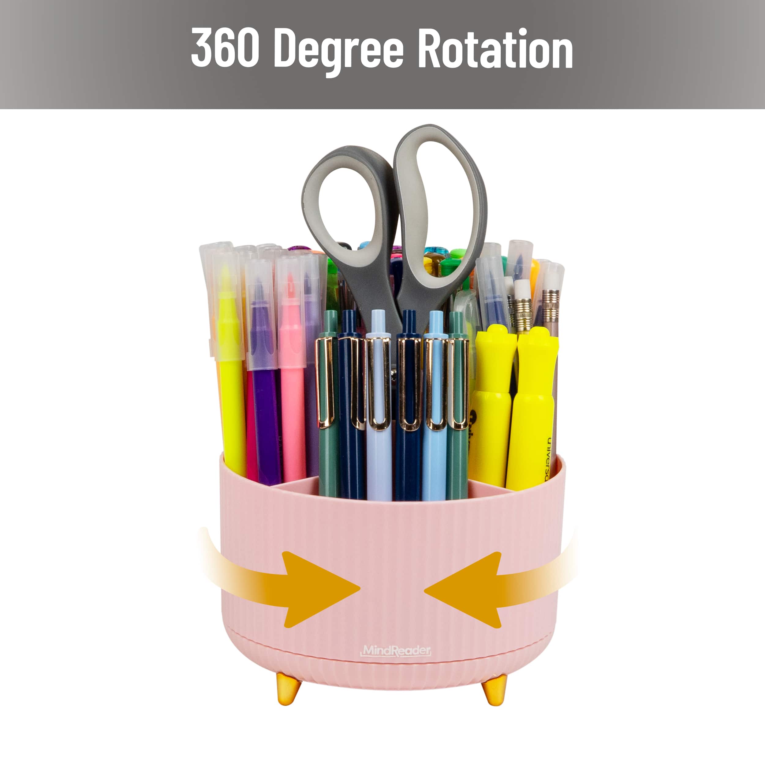 Mind Reader Rotating Pen Cup, 5-Compartment Accessory Holder for Desk Supplies, Pink