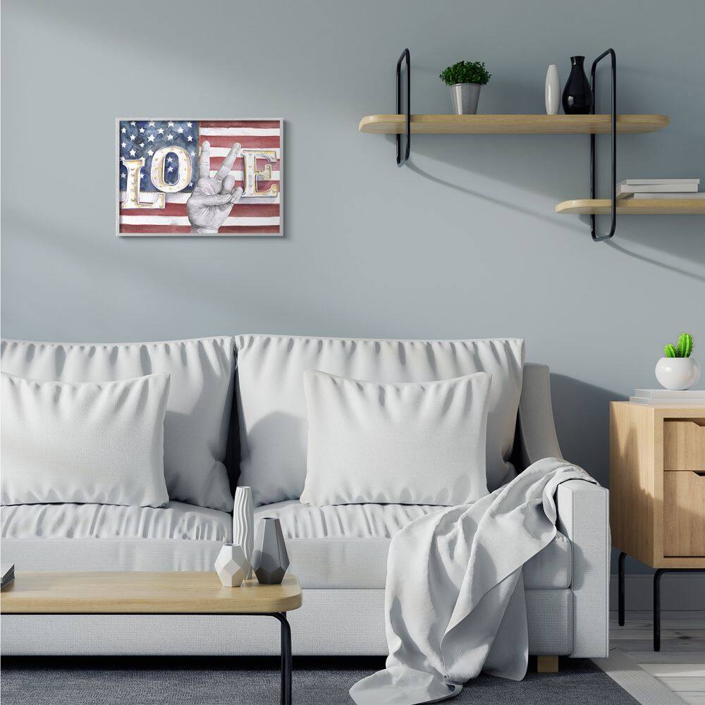 Stupell Industries Love Peace Sign Hand American Flag Design in Gray Frame Wall Art