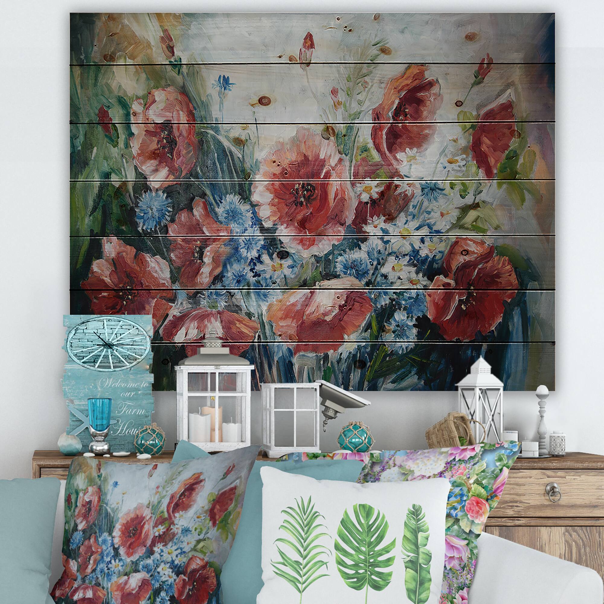 Designart - Retro Bouquet of Poppies - Traditional Print on Natural Pine Wood