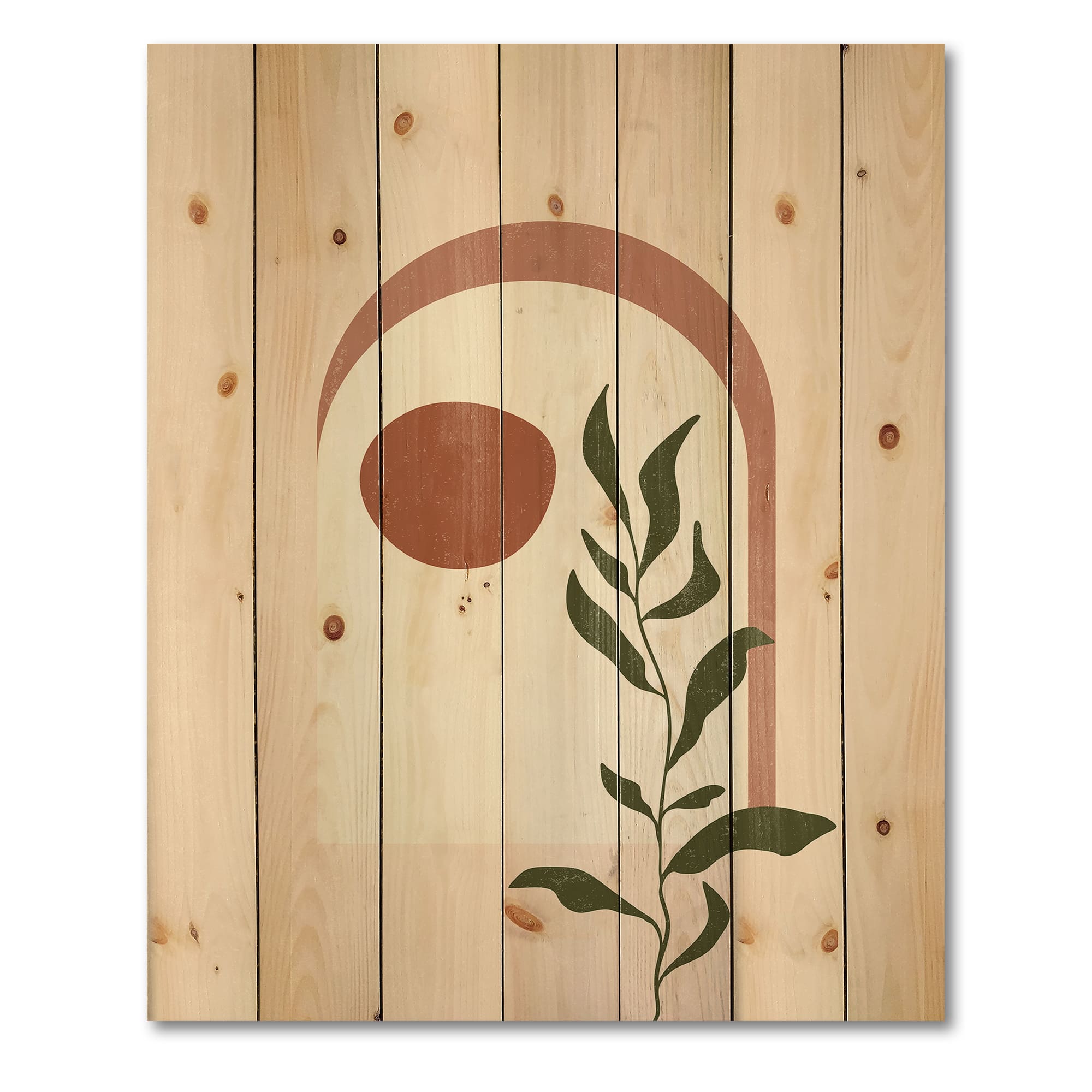 Designart - Abstract Geometrical Moon With Leaf III - Modern Print on Natural Pine Wood