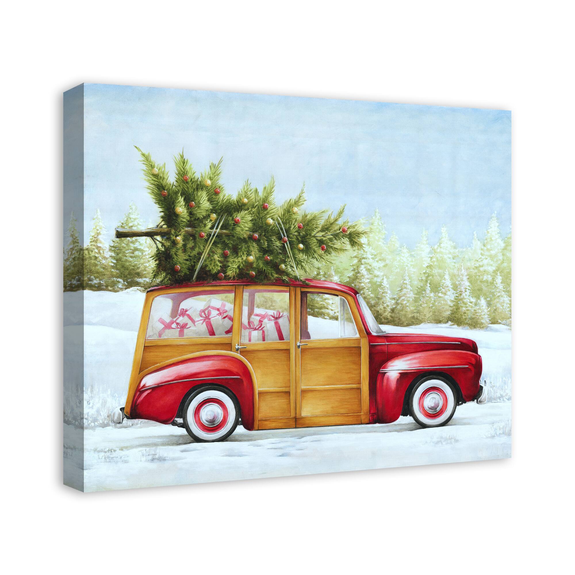 Red Truck Christmas Tree Canvas Wall Art