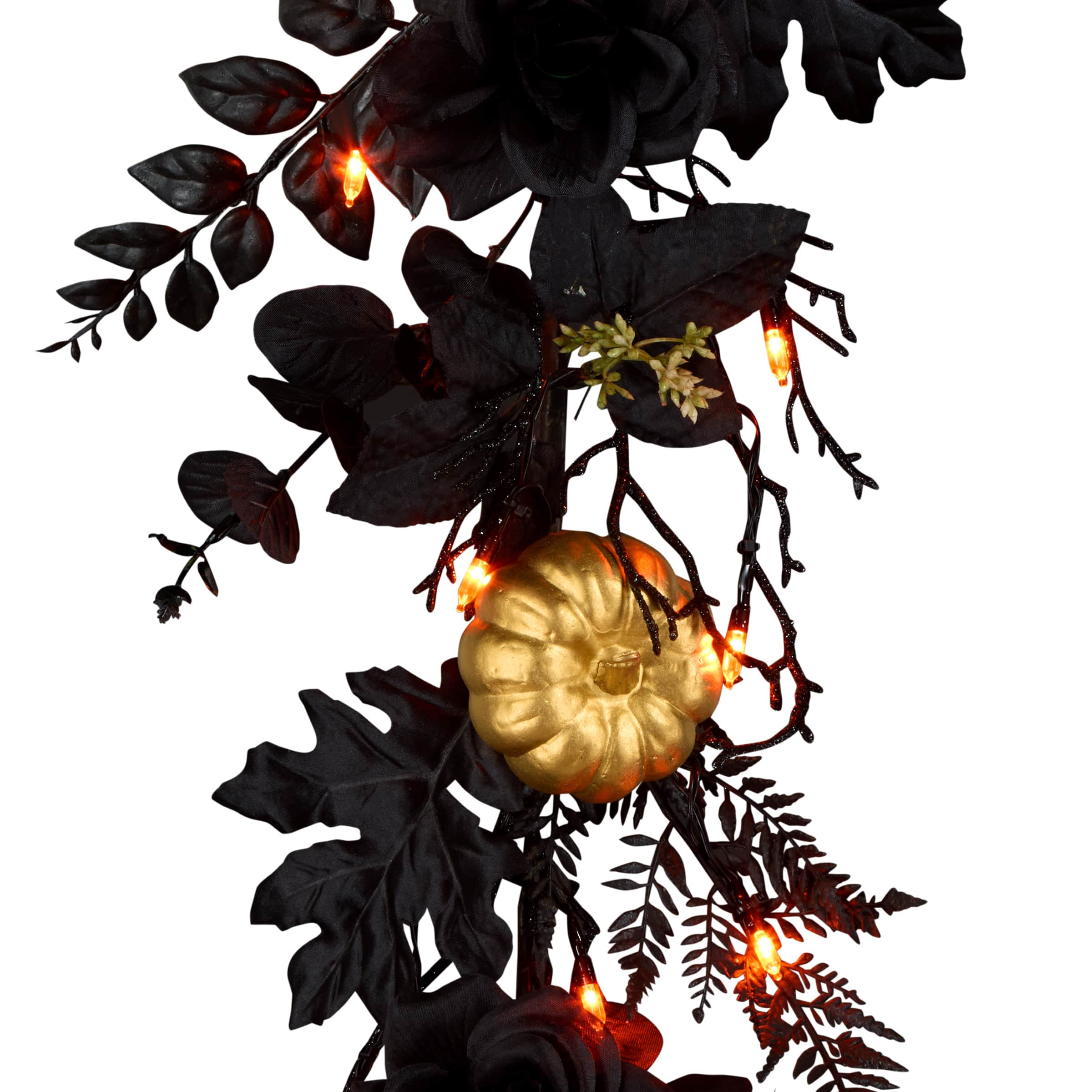 6ft. Chic Eek Black &#x26; Gold Halloween Pumpkin &#x26; Flower Pre-Lit LED Garland