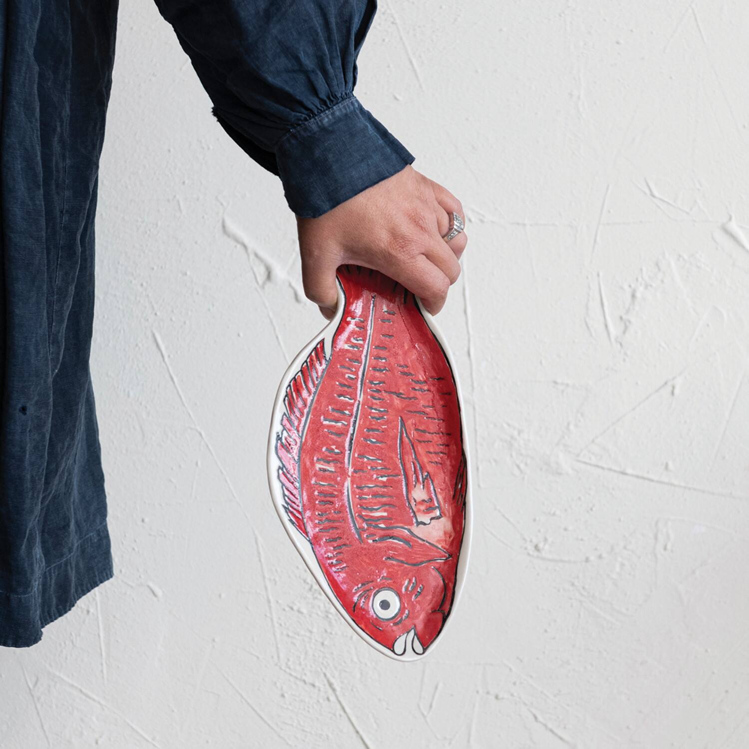 Hello Honey® 12.5" Red Stoneware Fish Shaped Plate with Wax Relief Illustration