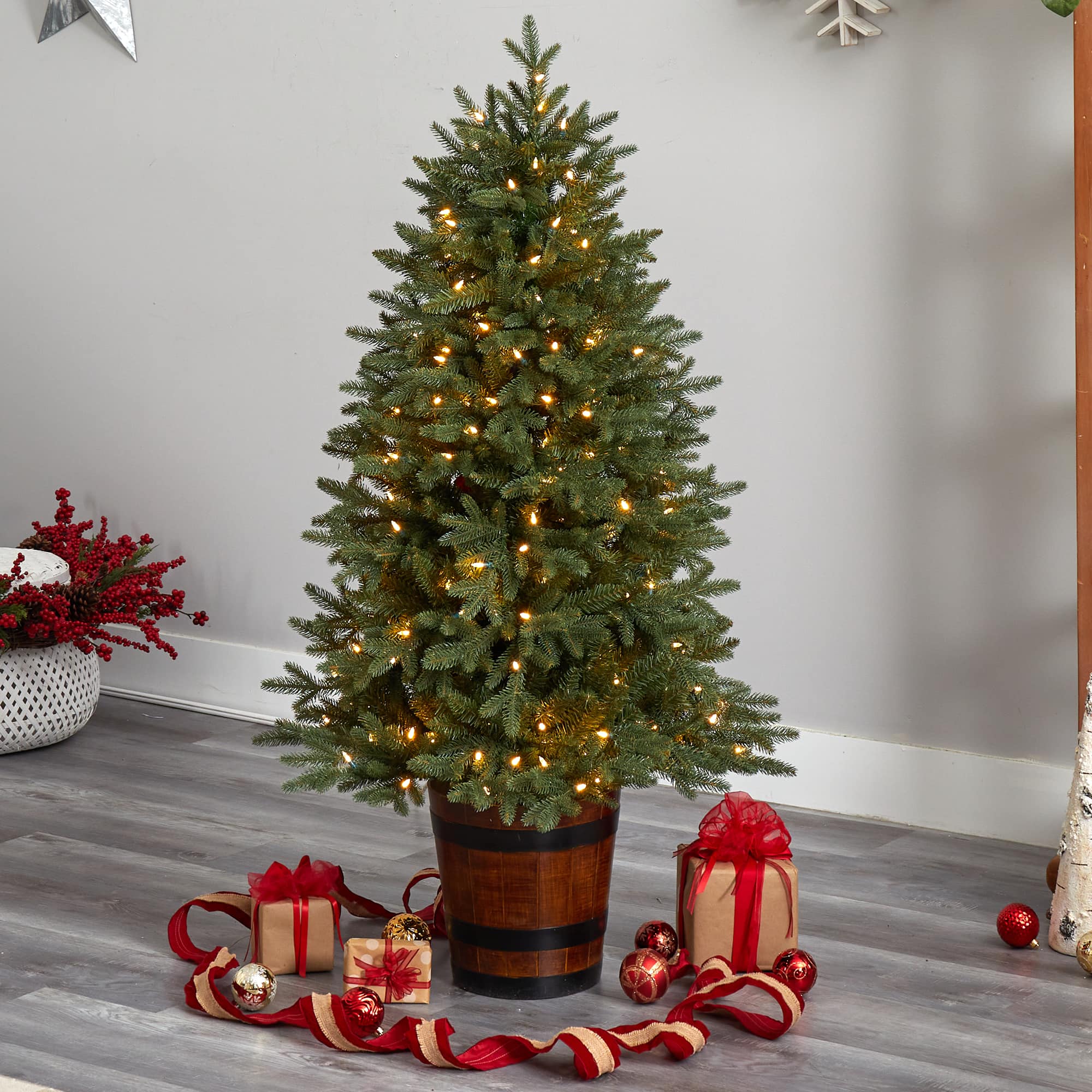 5ft. Pre-Lit Colorado Aspen Artificial Christmas Tree in Decorative Planter, White LED Lights