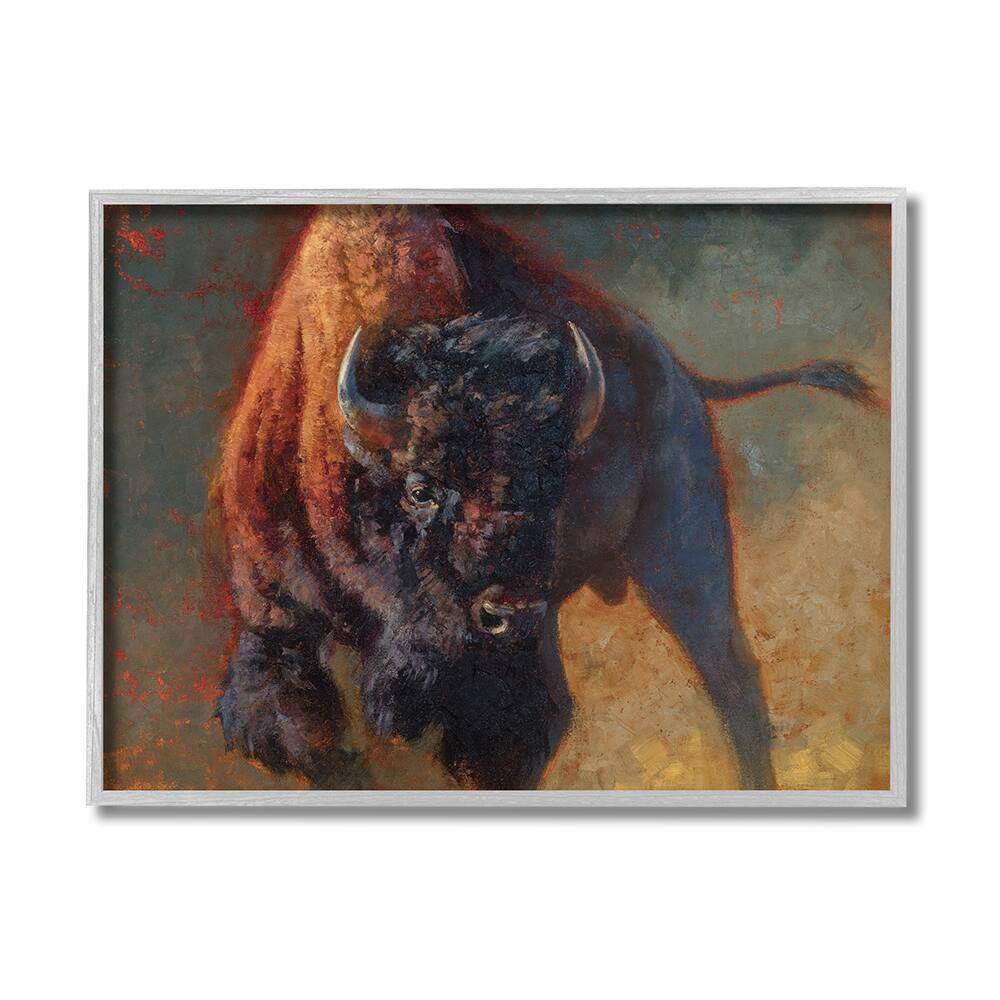 Stupell Industries Running Bull Portrait Masculine Cattle Pose in Gray Frame Wall Art
