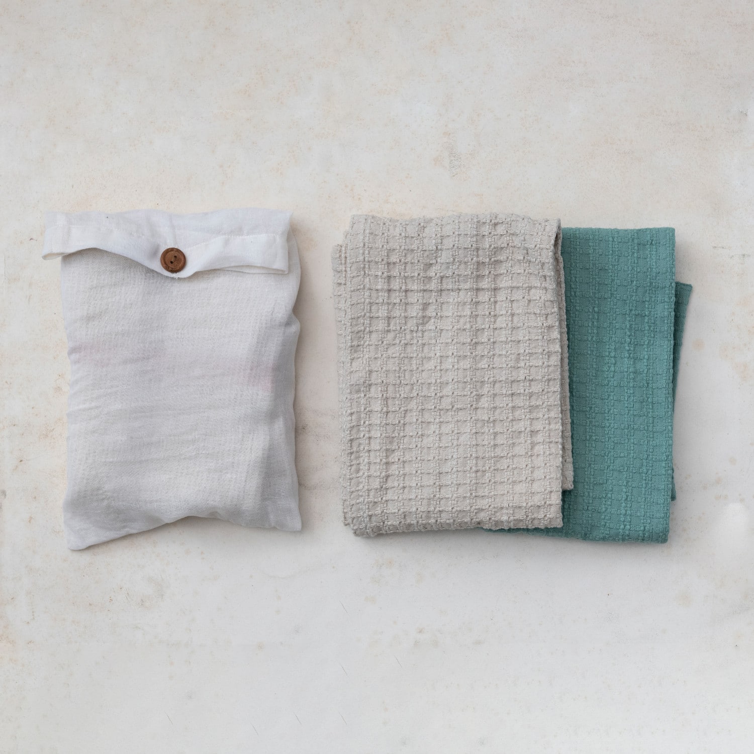 Hello Honey® Teal & Natural Cotton Waffle Weave Tea Towel Set in Bag