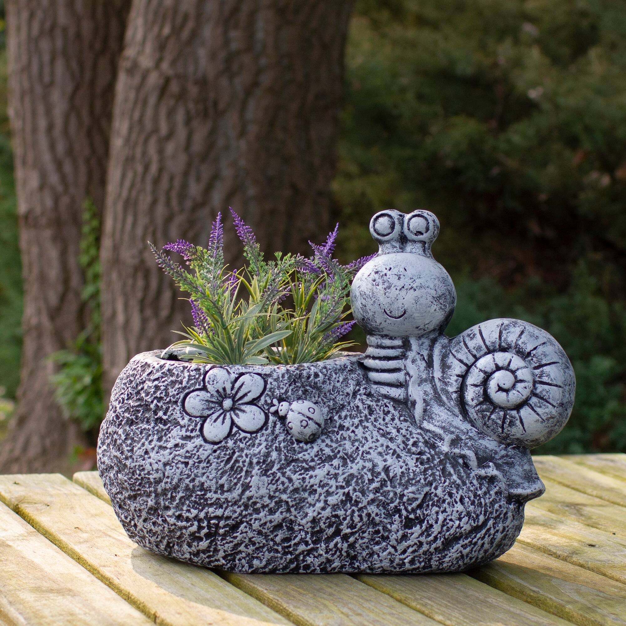15.5" Gray Snail, Flower, & Ladybug Outdoor Garden Planter