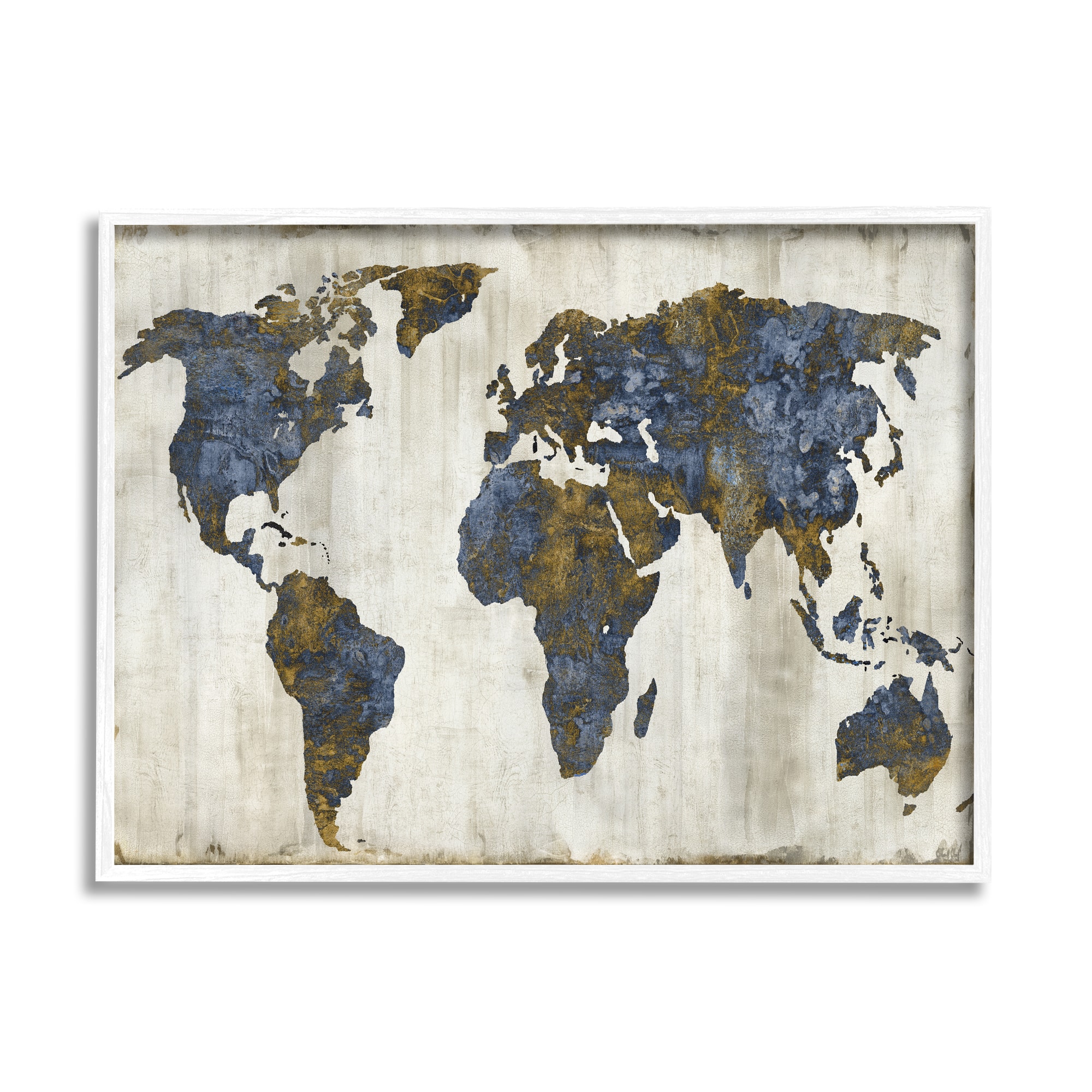 Stupell Industries Gold & Blue World Map Design Wall Art in White Frame