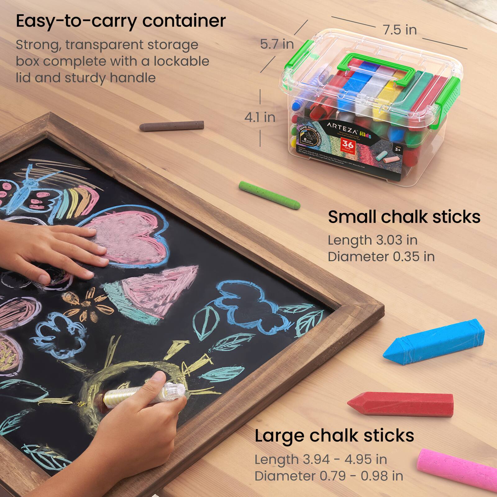 Arteza&#xAE; Kids Ultimate Chalk Set of 37 pcs, Green Box Handle