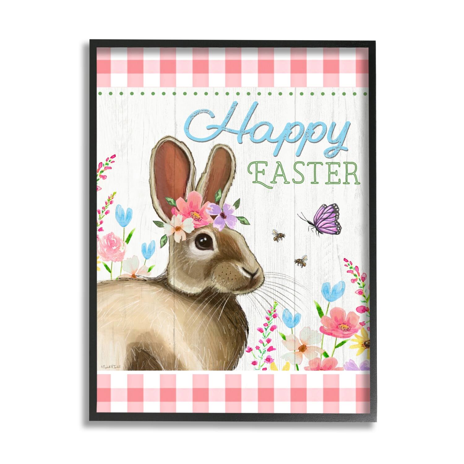 Stupell Industries Happy Easter Floral Gingham Rabbit Framed Giclee Art