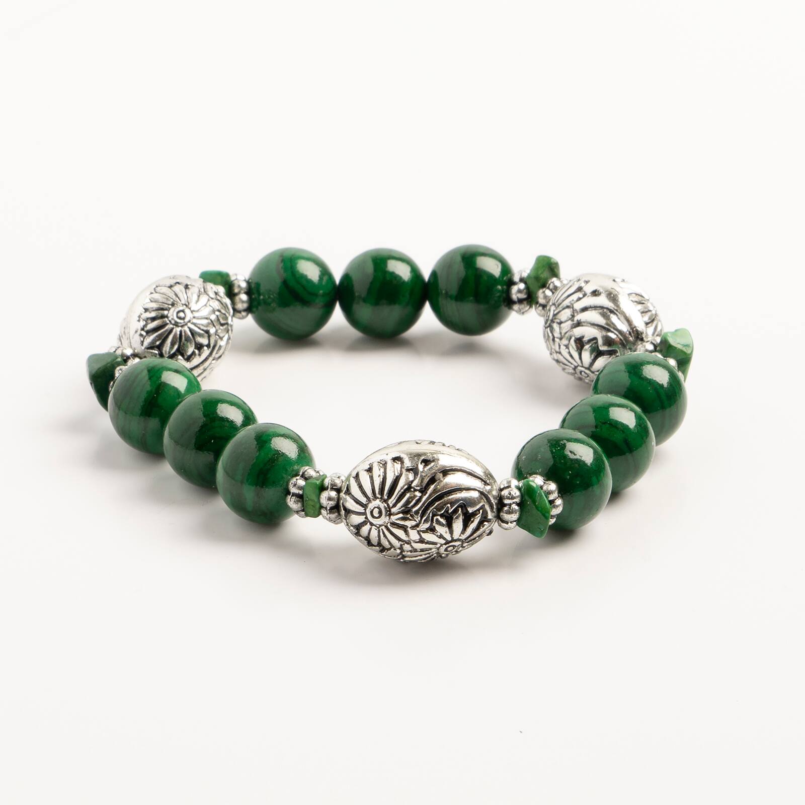John Bead Malachite Natural Stone Stretch Bracelet with Flower Beads