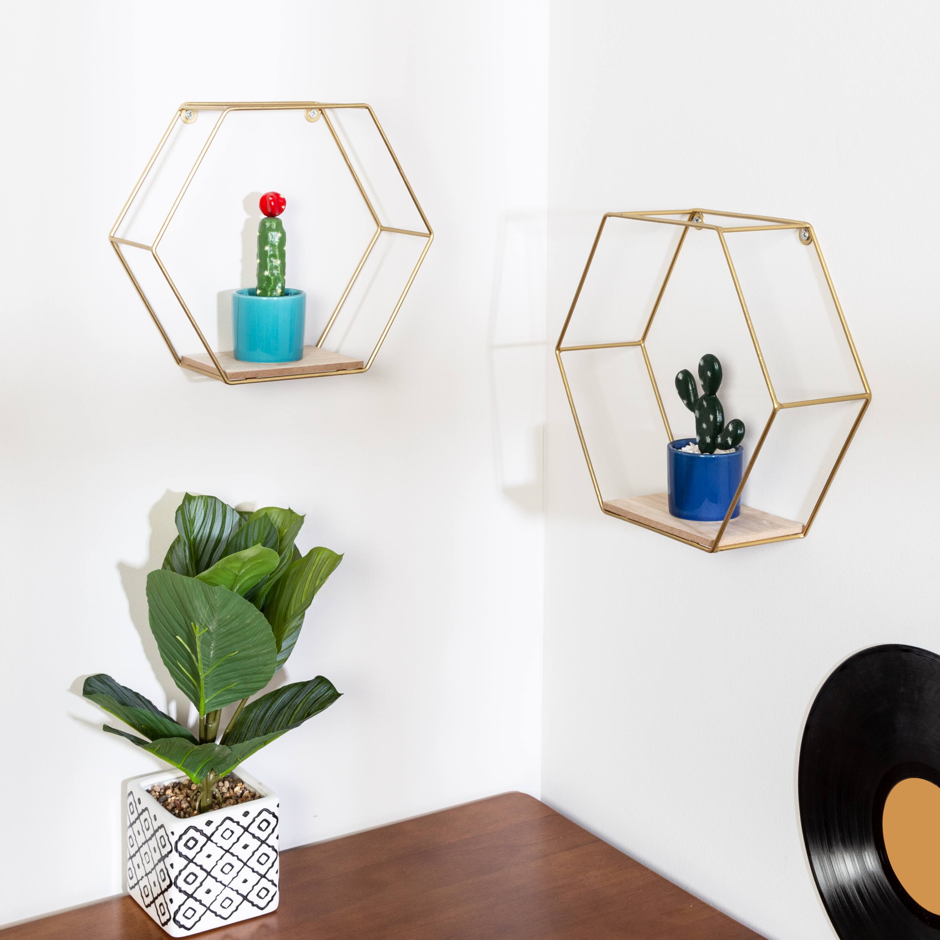Honey Can Do 12" Gold Hexagonal Decorative Metal Wall Shelves