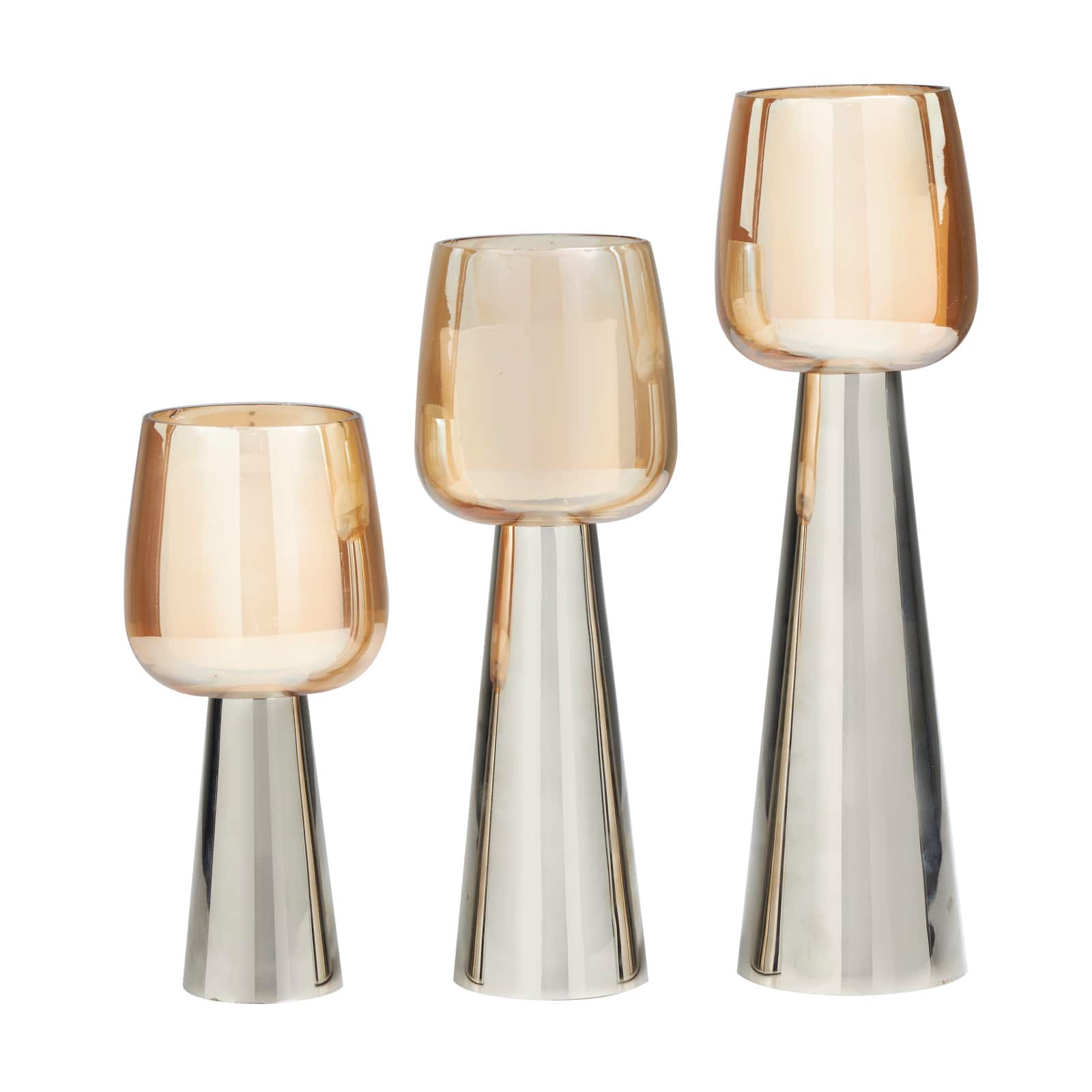 Contemporary Stainless Steel & Glass Candle Holder Set