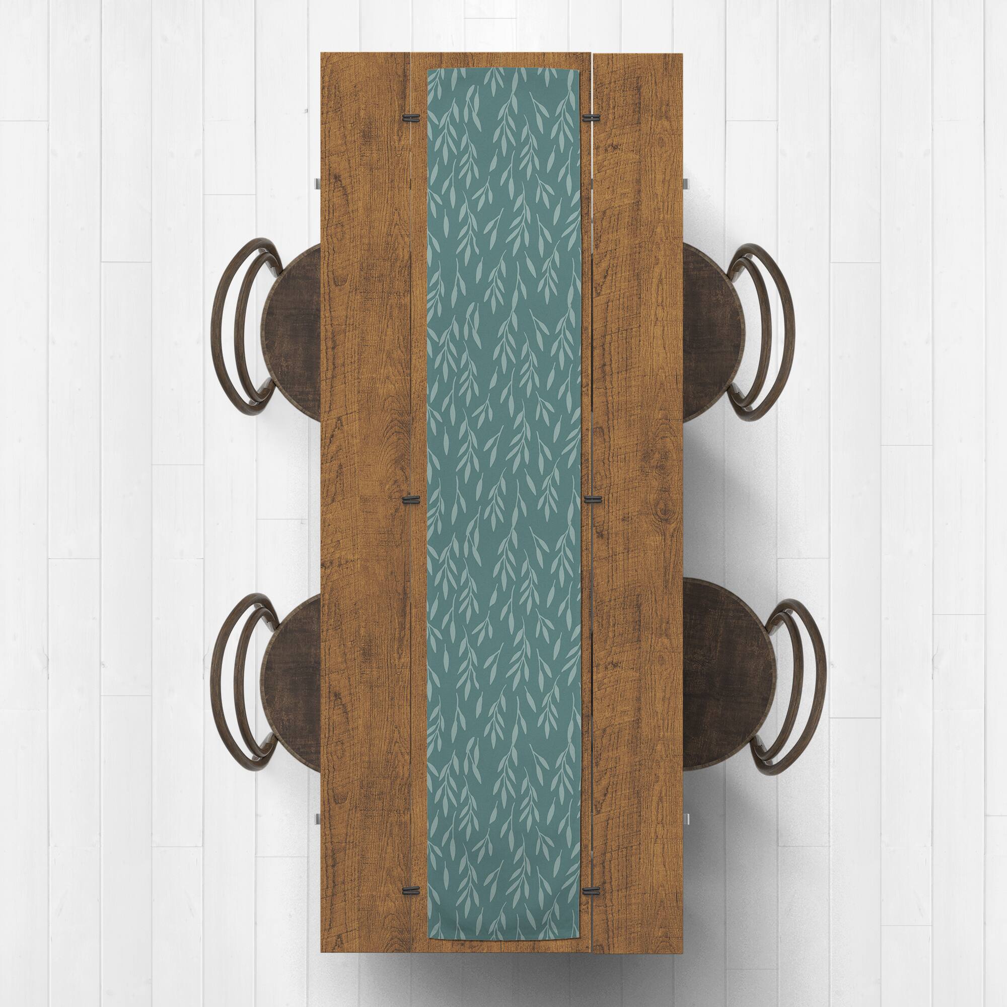 90&#x22; Teal &#x26; Mint Leaves Cotton Twill Table Runner