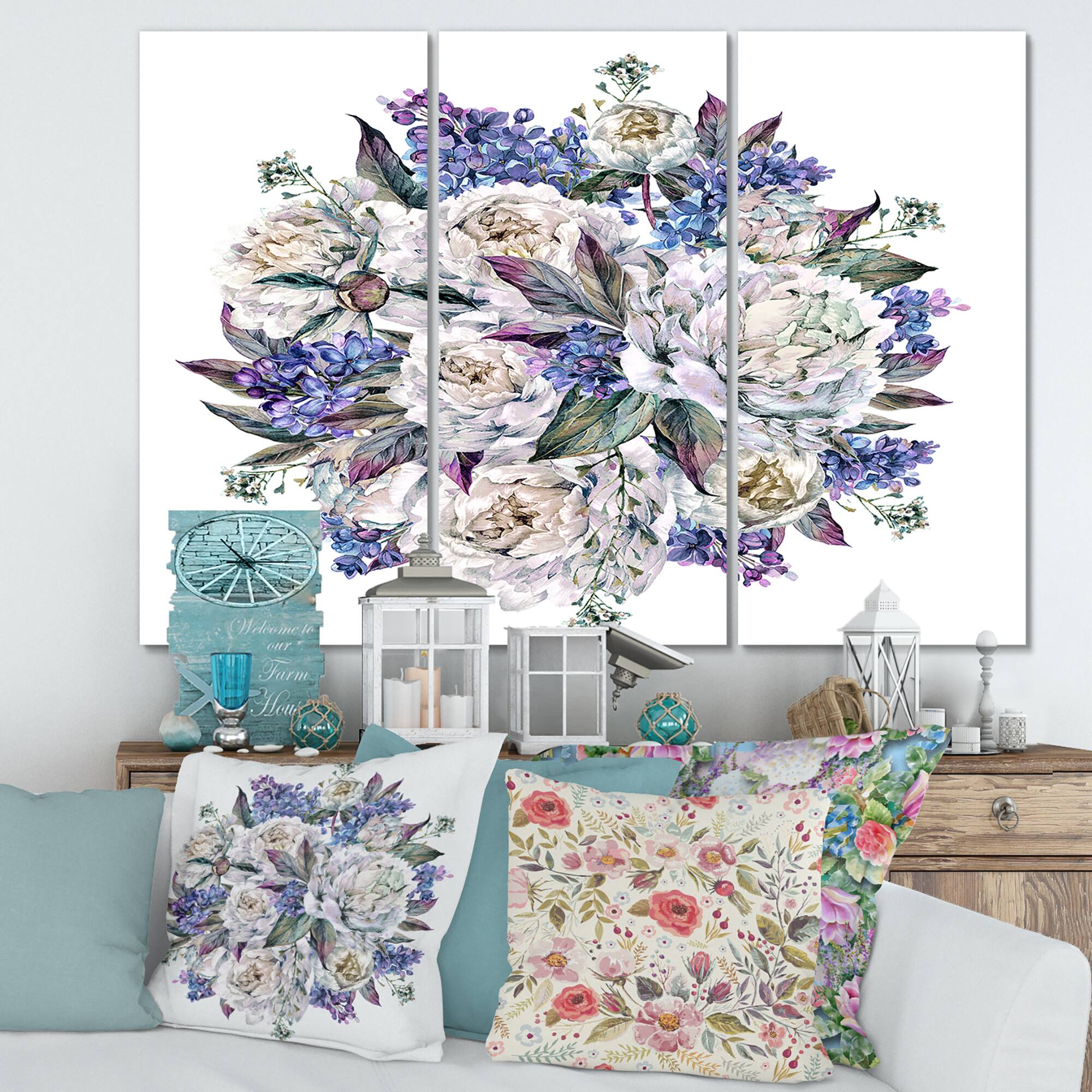 Designart - Bouquet Peonies In White and Blue - Traditional Canvas Wall Art Print