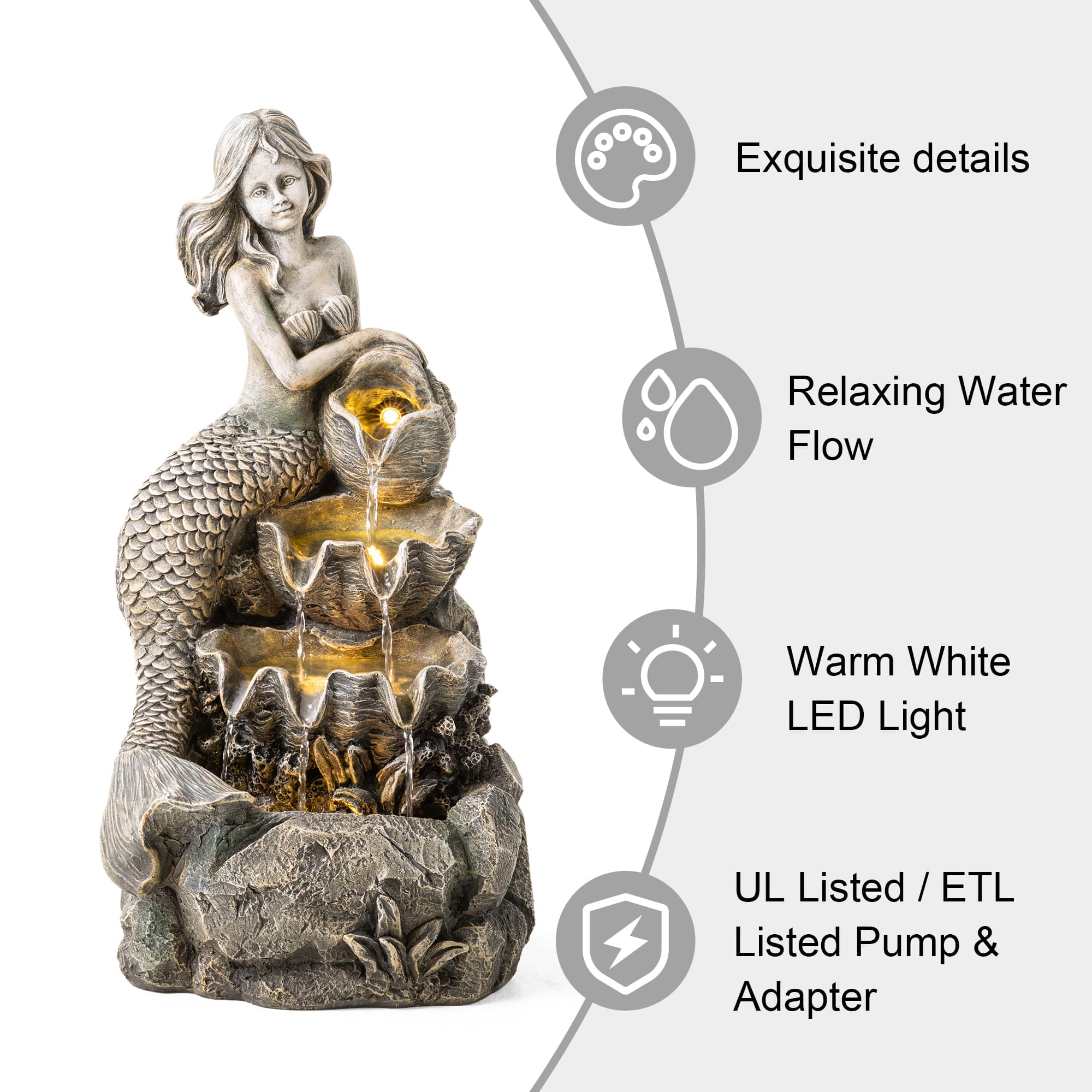 Glitzhome® 22.25" LED 4-Tier Concrete Mermaid Outdoor Fountain