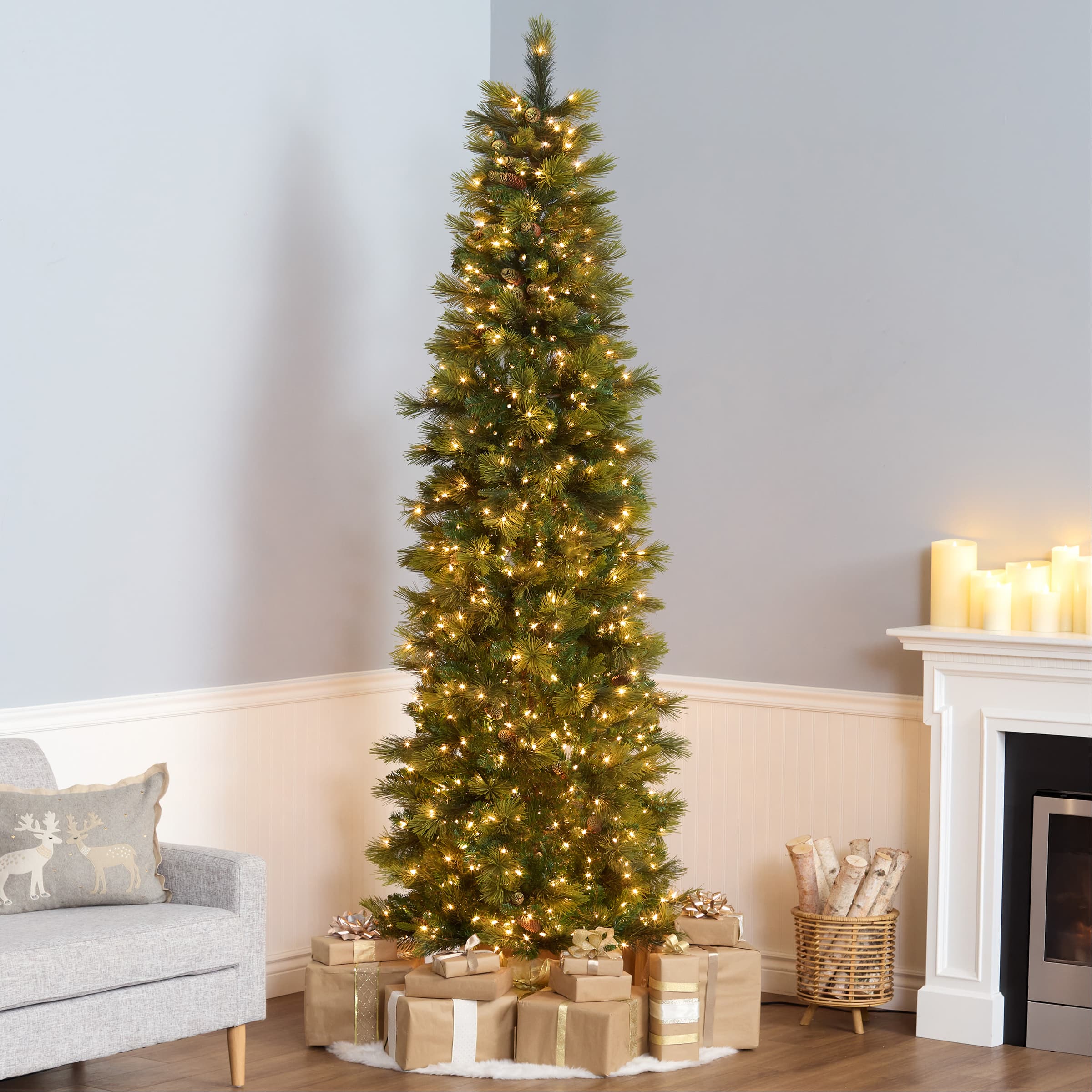 9 ft. Pre-Lit Carolina Pine Slim Artificial Christmas Tree with Flocked Pine Cones, Clear Lights