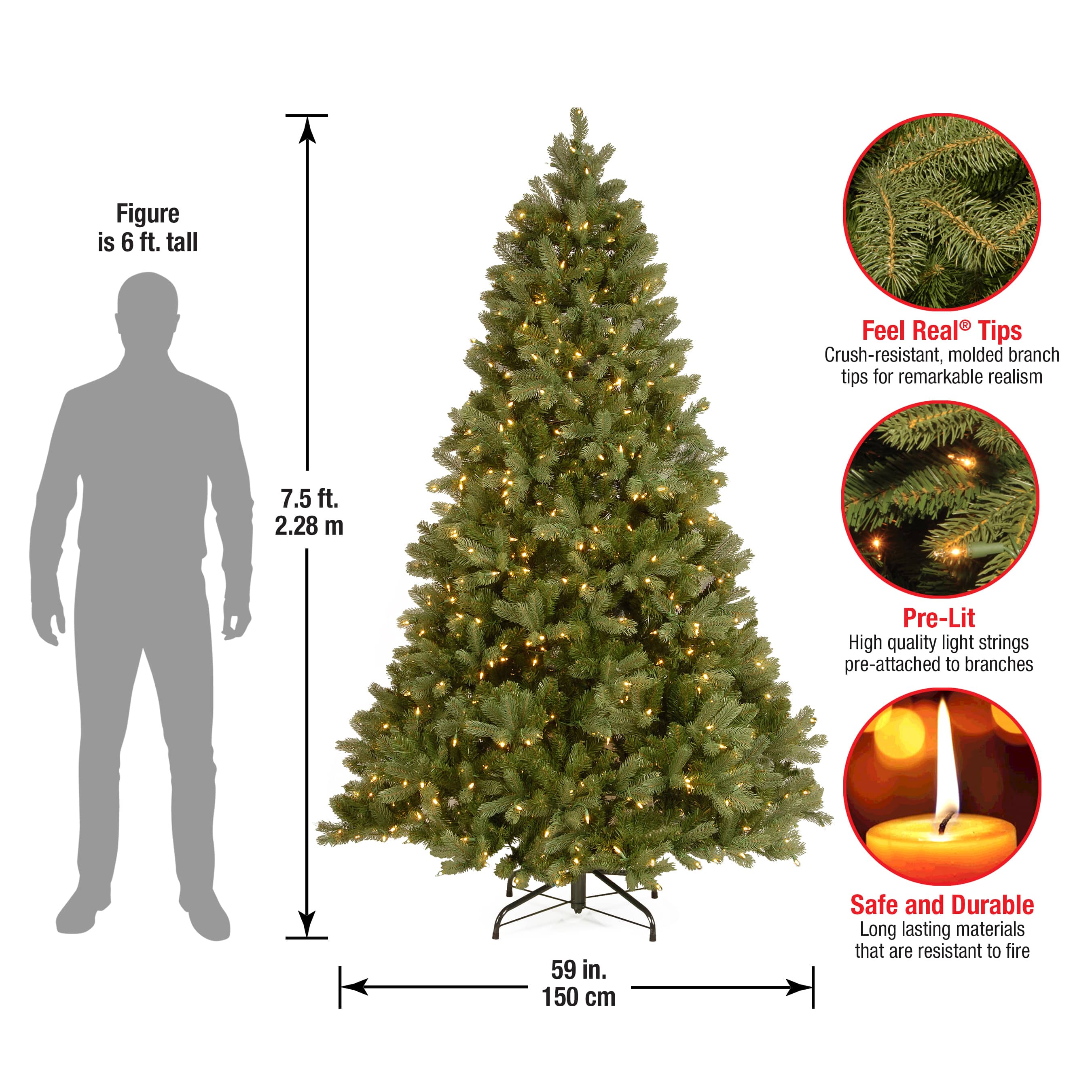 7.5 ft. Pre-lit Feel Real® Hinged Downswept Douglas Fir Artificial Christmas Tree, Clear Lights