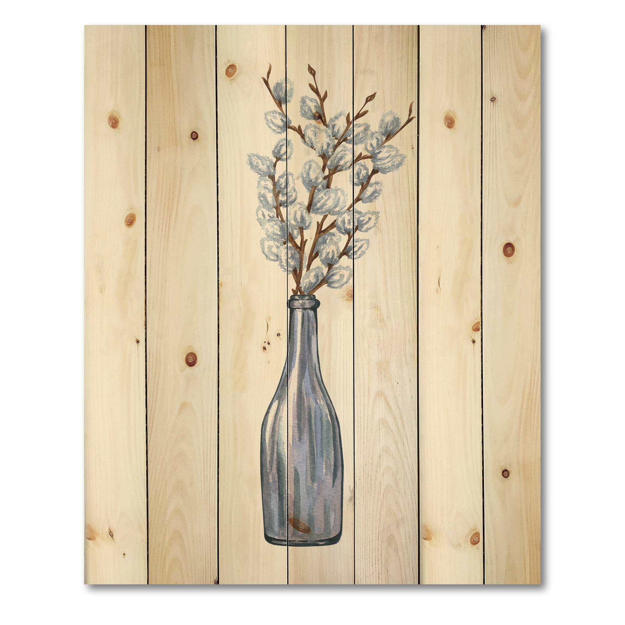 Designart - Bunch of Pussy Willow Twigs II - Farmhouse Print on Natural Pine Wood