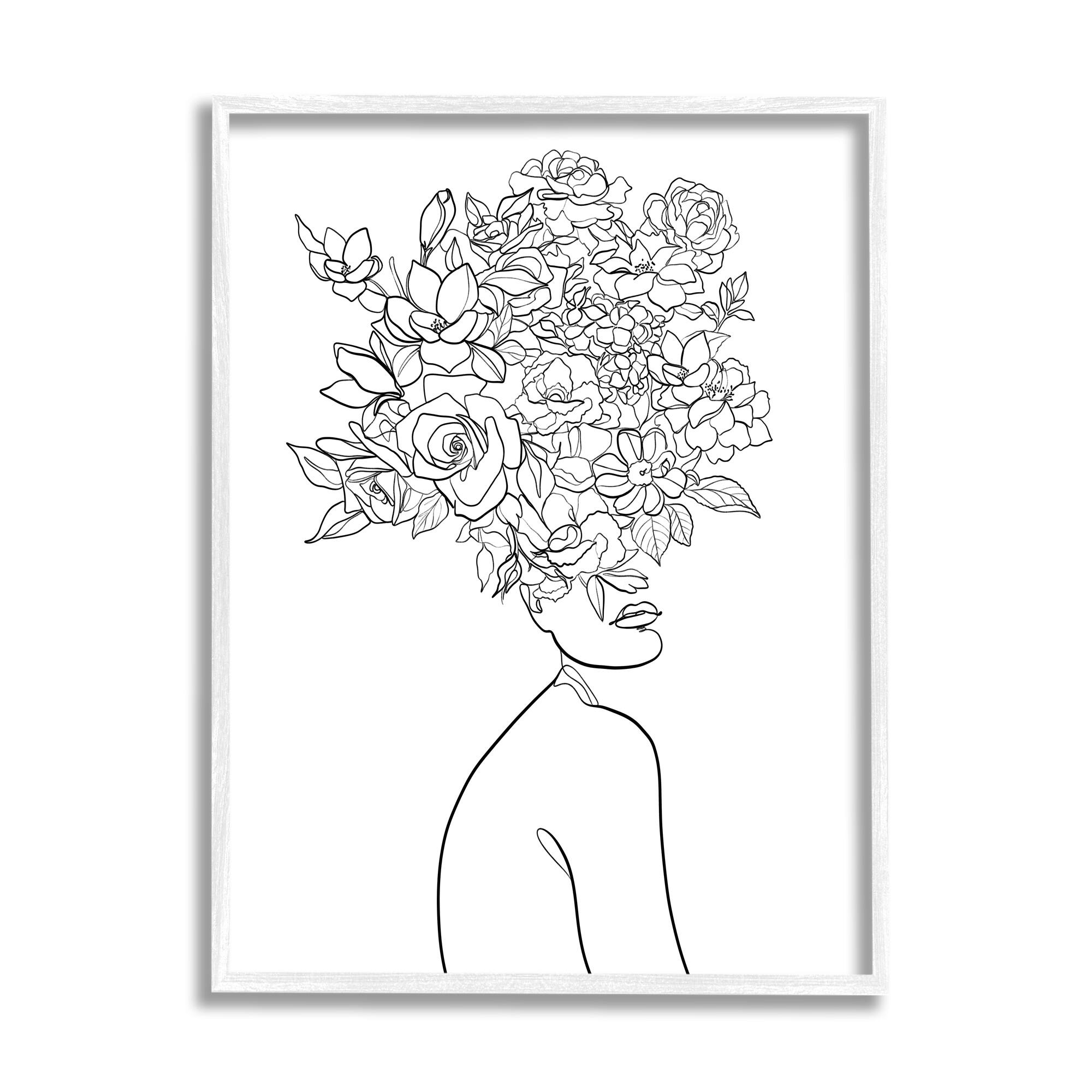 Stupell Industries Slouching Woman Elegant Bouquet Hair Minimal Linework in White Frame Wall Art