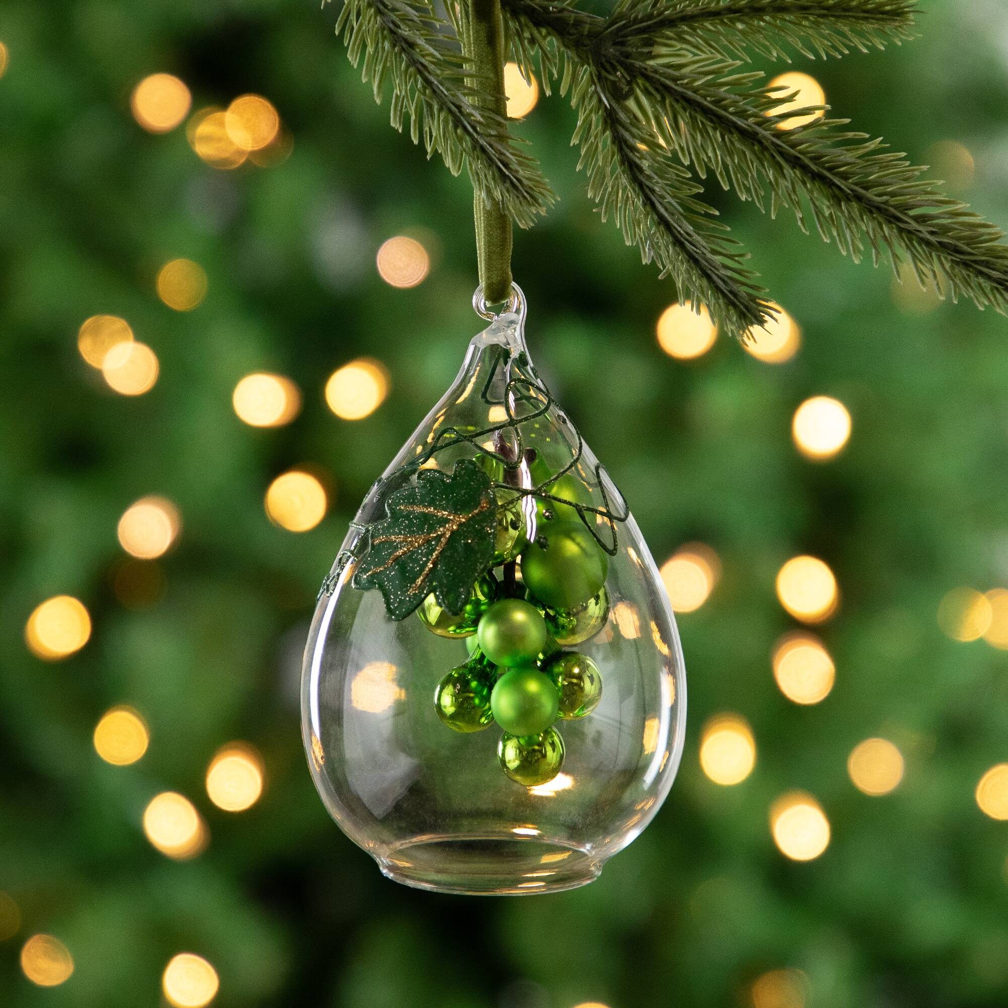 Green Grape Cluster in Glass Cloche Teardrop Ornament