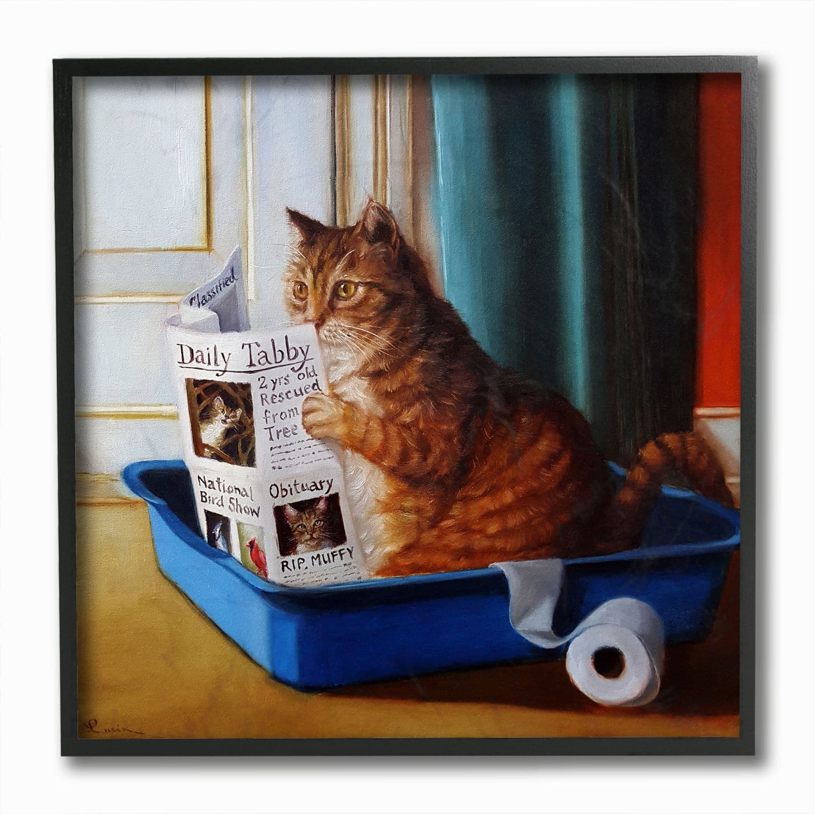 Stupell Industries Cat Reading Newspaper Wall Art in Black Frame