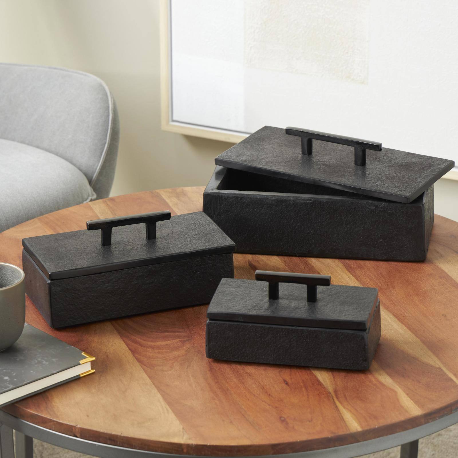 Black Marble Decorative Box with Aluminum Bar Handles, 3ct.
