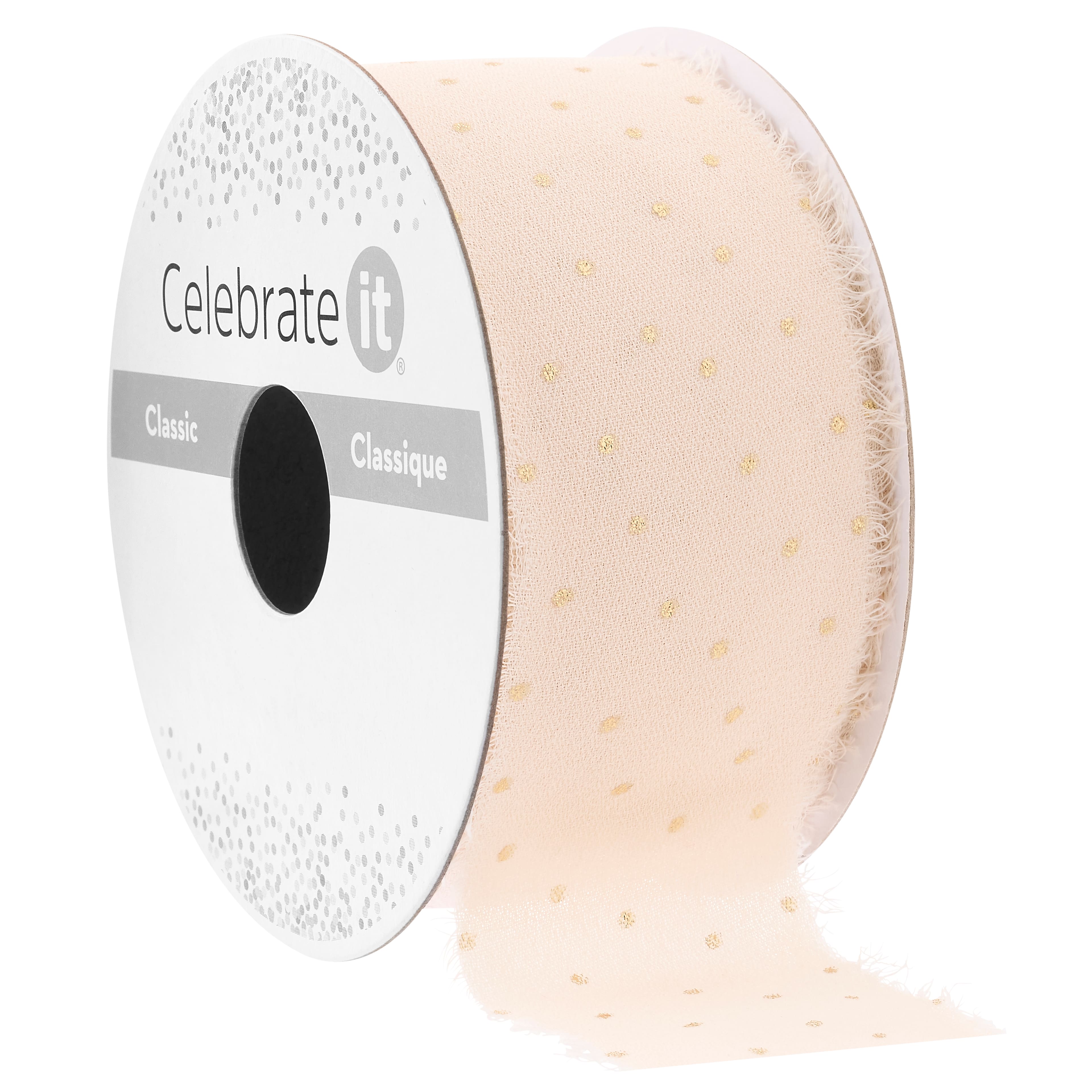 1.5" x 3yd. White Chiffon Gold Dot Ribbon with Fray Edge by Celebrate It® Classic