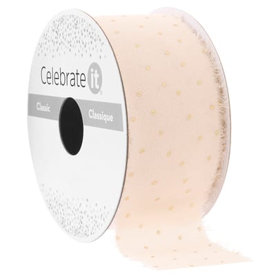 1.5" x 3yd. White Chiffon Gold Dot Ribbon with Fray Edge by Celebrate It® Classic image