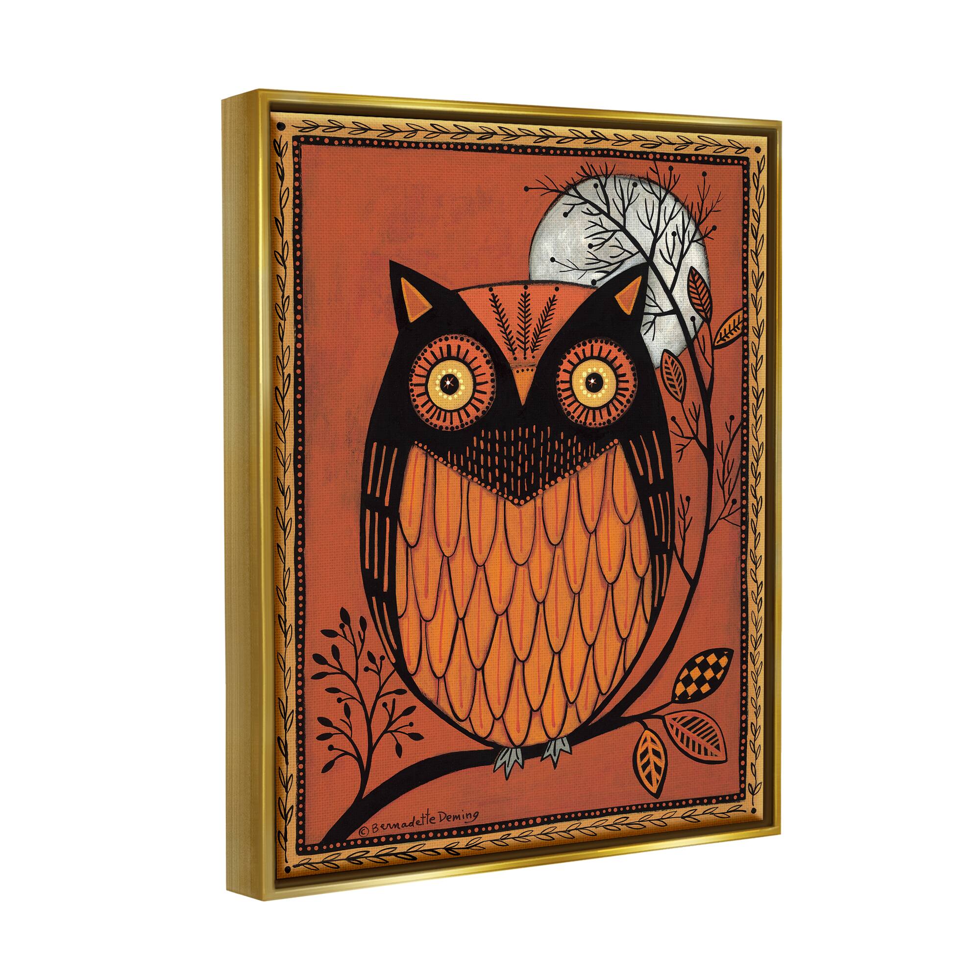 Stupell Industries Round Owl Autumn Botanical Border Framed Floater Canvas Wall Art