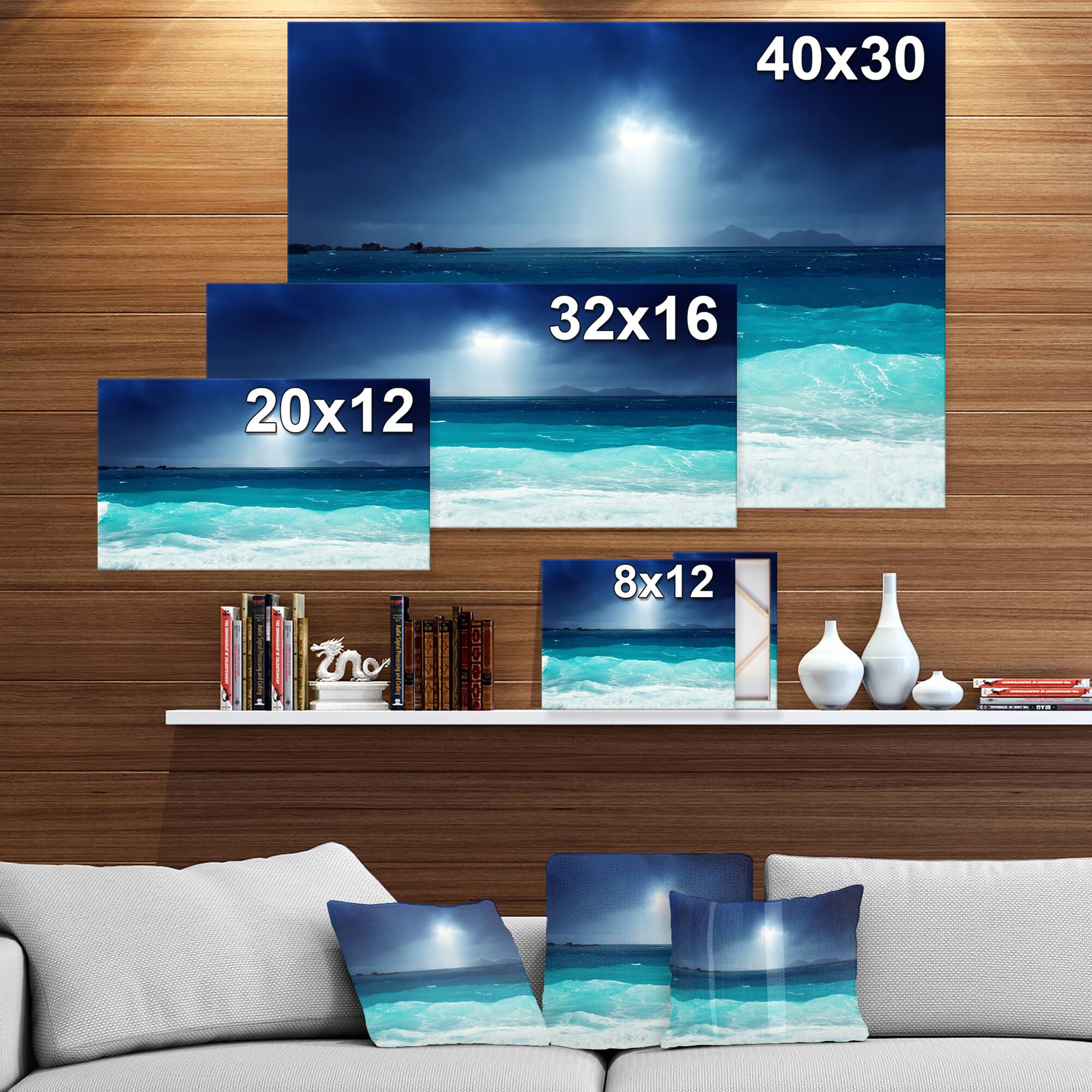 Designart - Neon Sea Waves under Dark Sky - Sea & Shore Photographic on wrapped Canvas