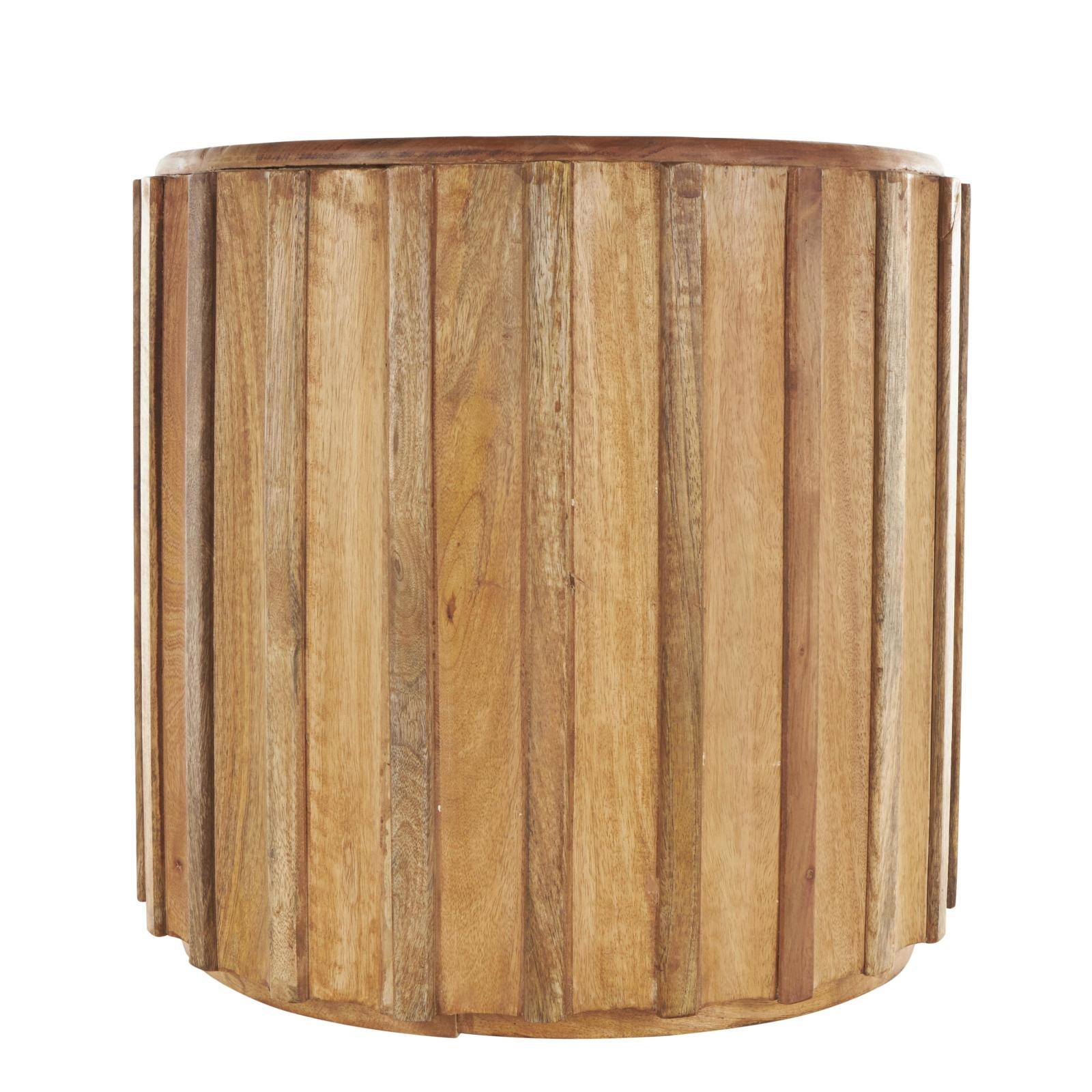 18.25" Brown Mango Wood Handmade Concaved Curve Drum Accent Table with Ridges