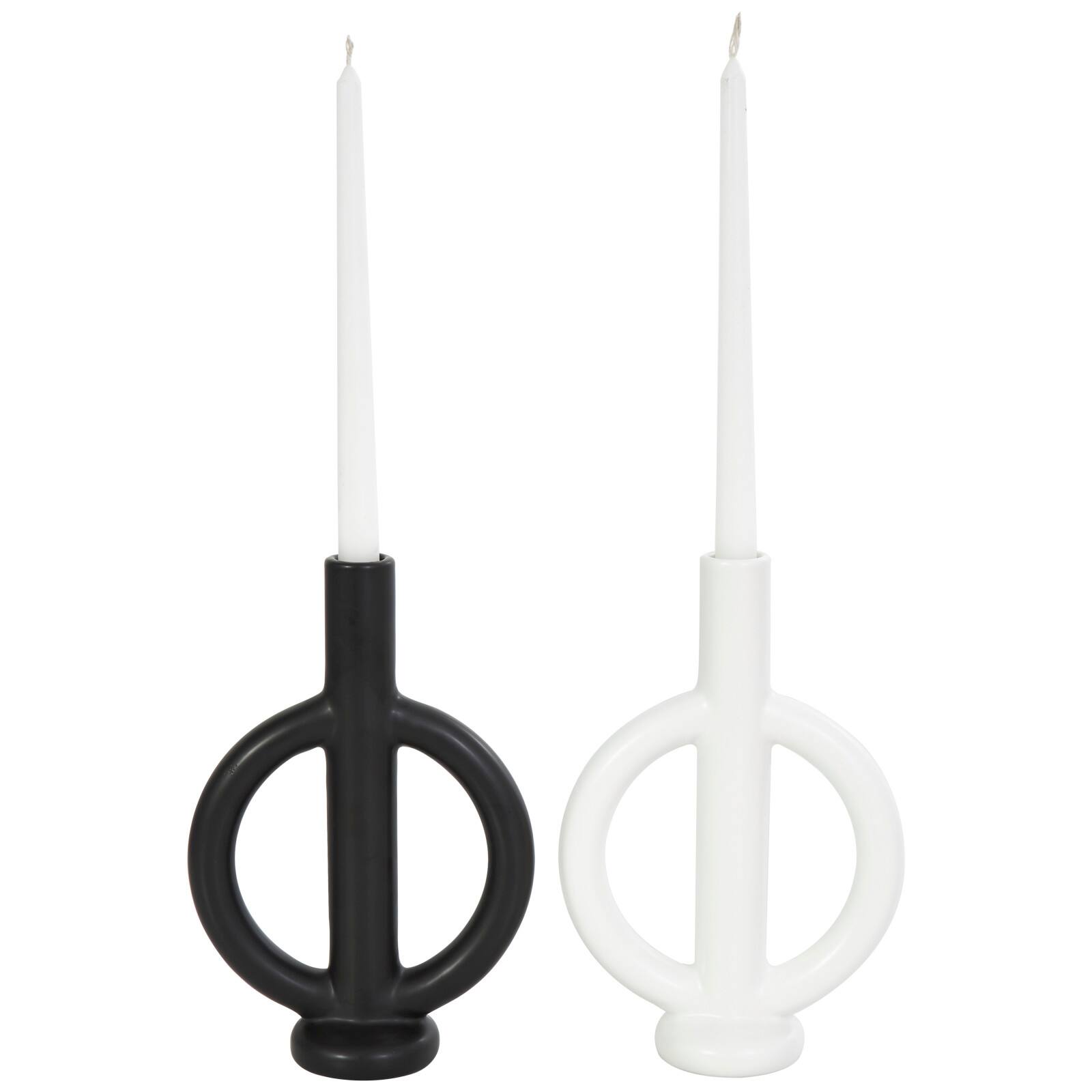 CosmoLiving by Cosmopolitan 10" Black & White Ceramic Geometric Ring Taper Candle Holder Set