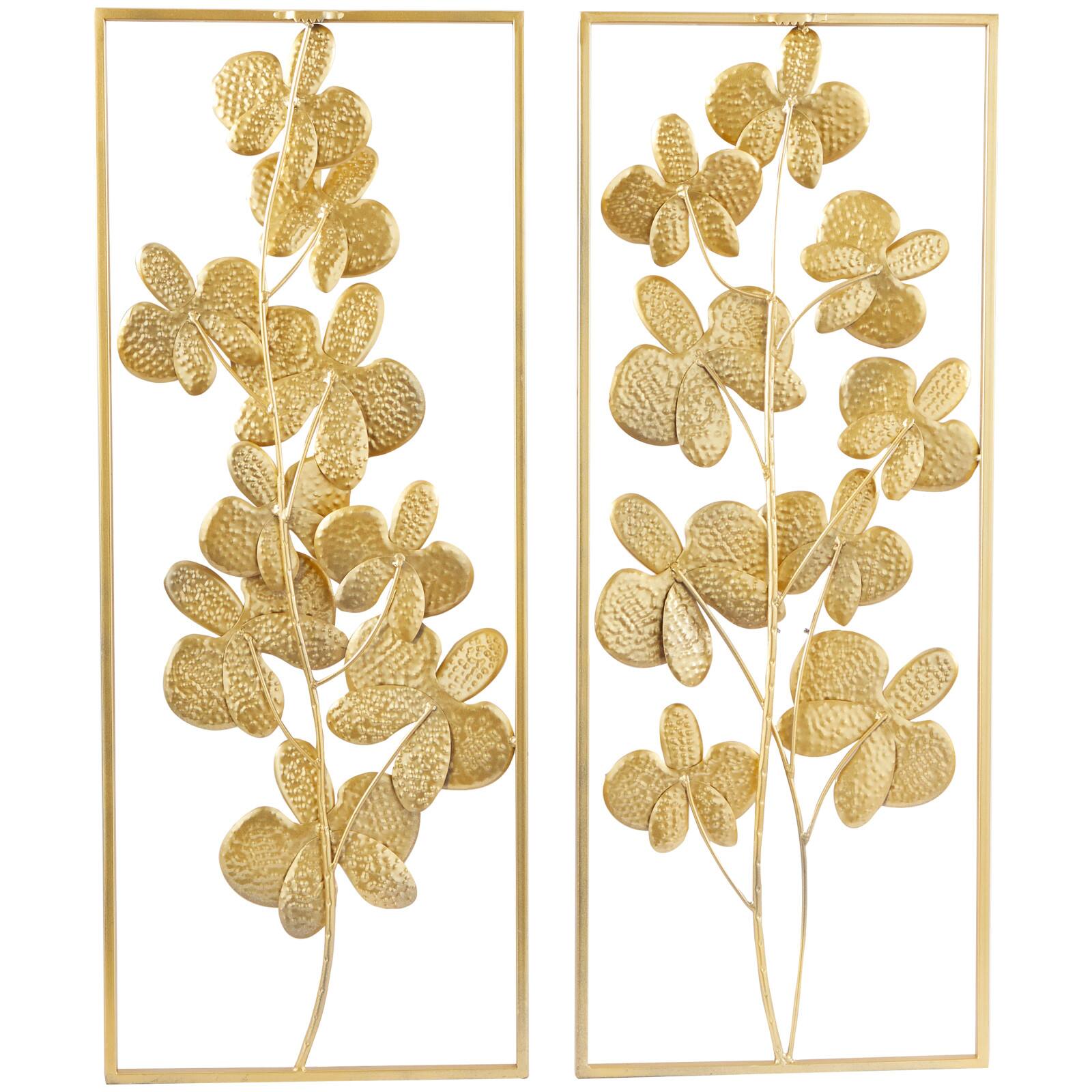 CosmoLiving by Cosmopolitan Gold Metal Orchid Floral Wall Decor with Gold Frame Set of 2 14&#x22;, 36&#x22;
