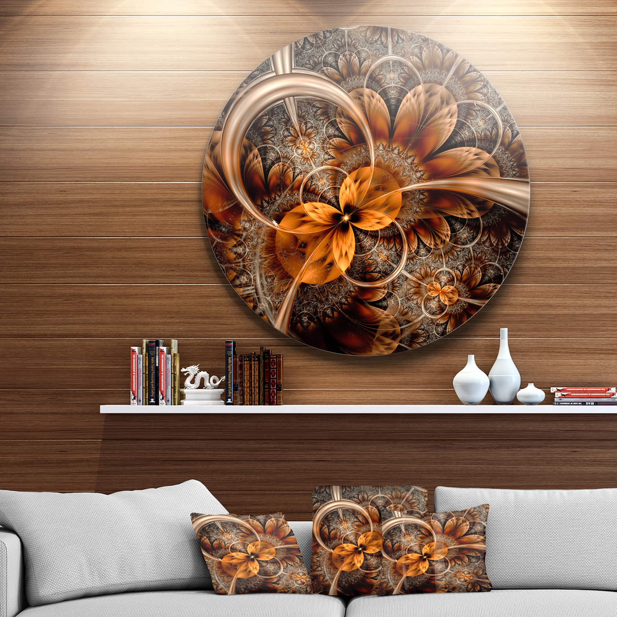 Designart - Dark Orange Fractal Flower' Abstract Round Circle Metal Wall Decor