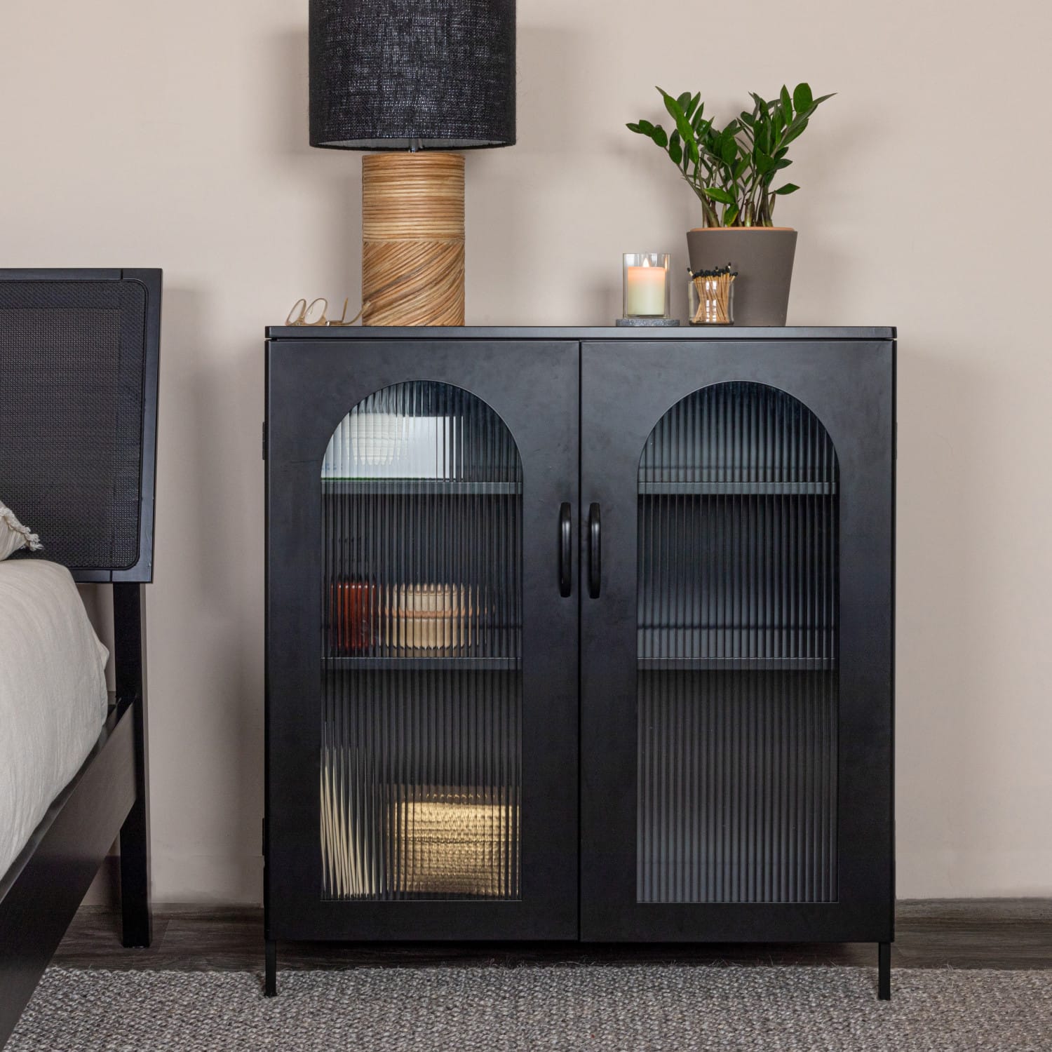 Solstice 3ft. Black Metal Cabinet with Arched Glass Doors