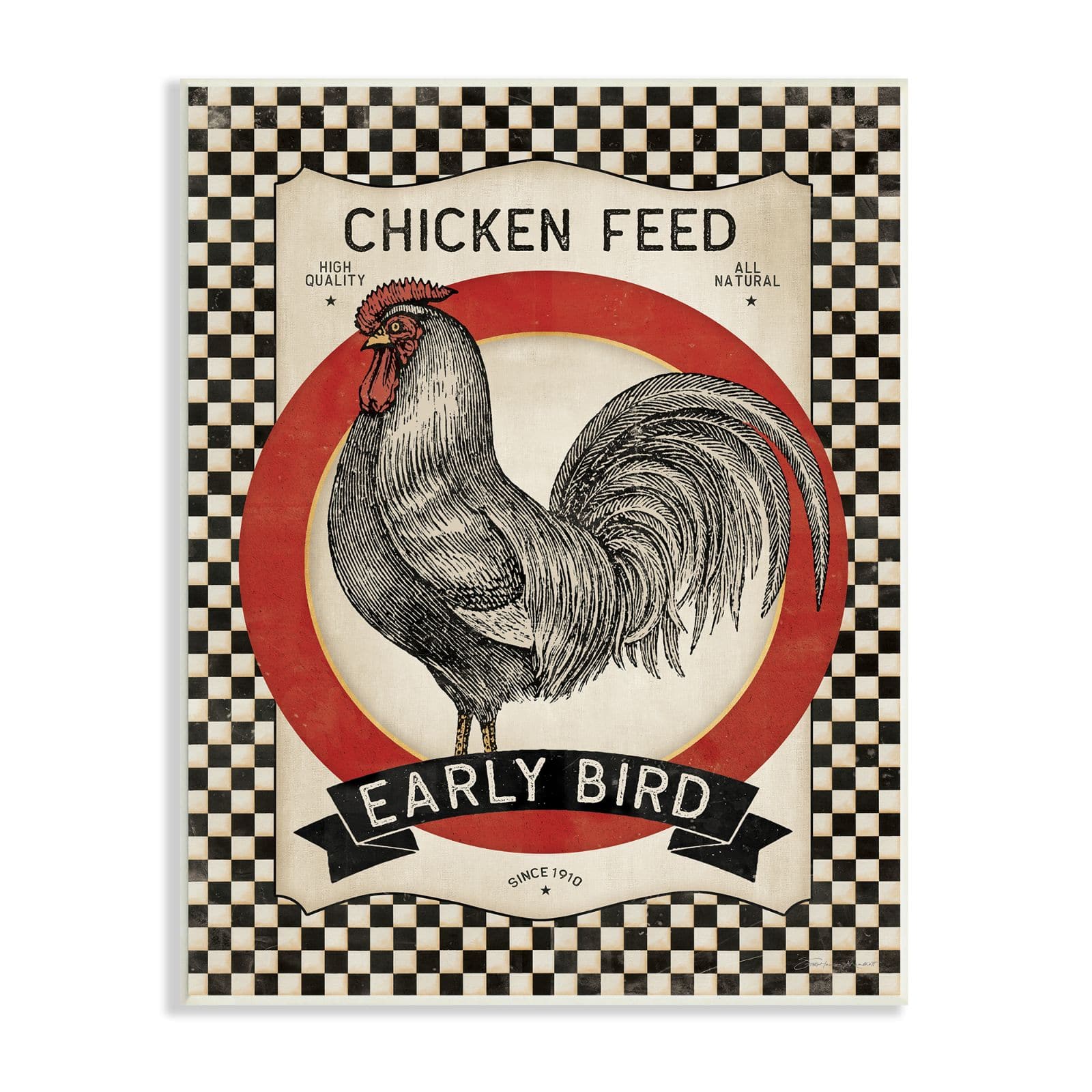 Stupell Industries Vintage Farmhouse Chicken Feed Advertisement Rooster Checkered Pattern Wall Plaque