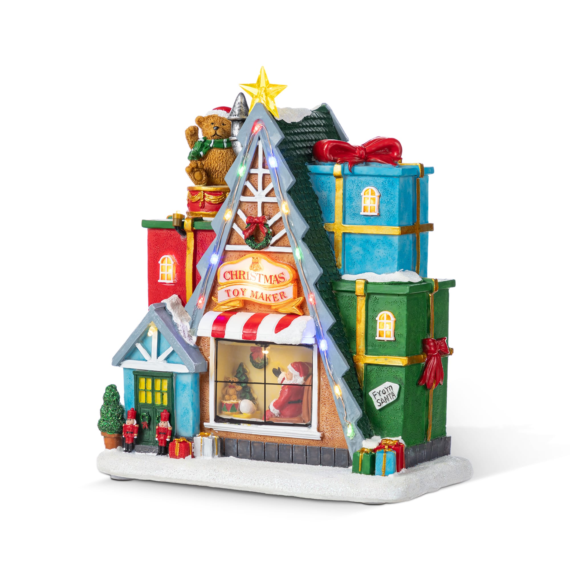 Glitzhome&#xAE; 10.75&#x22; Lighted CHRISTMAS TOY MARKET Resin Village with Movement and Music
