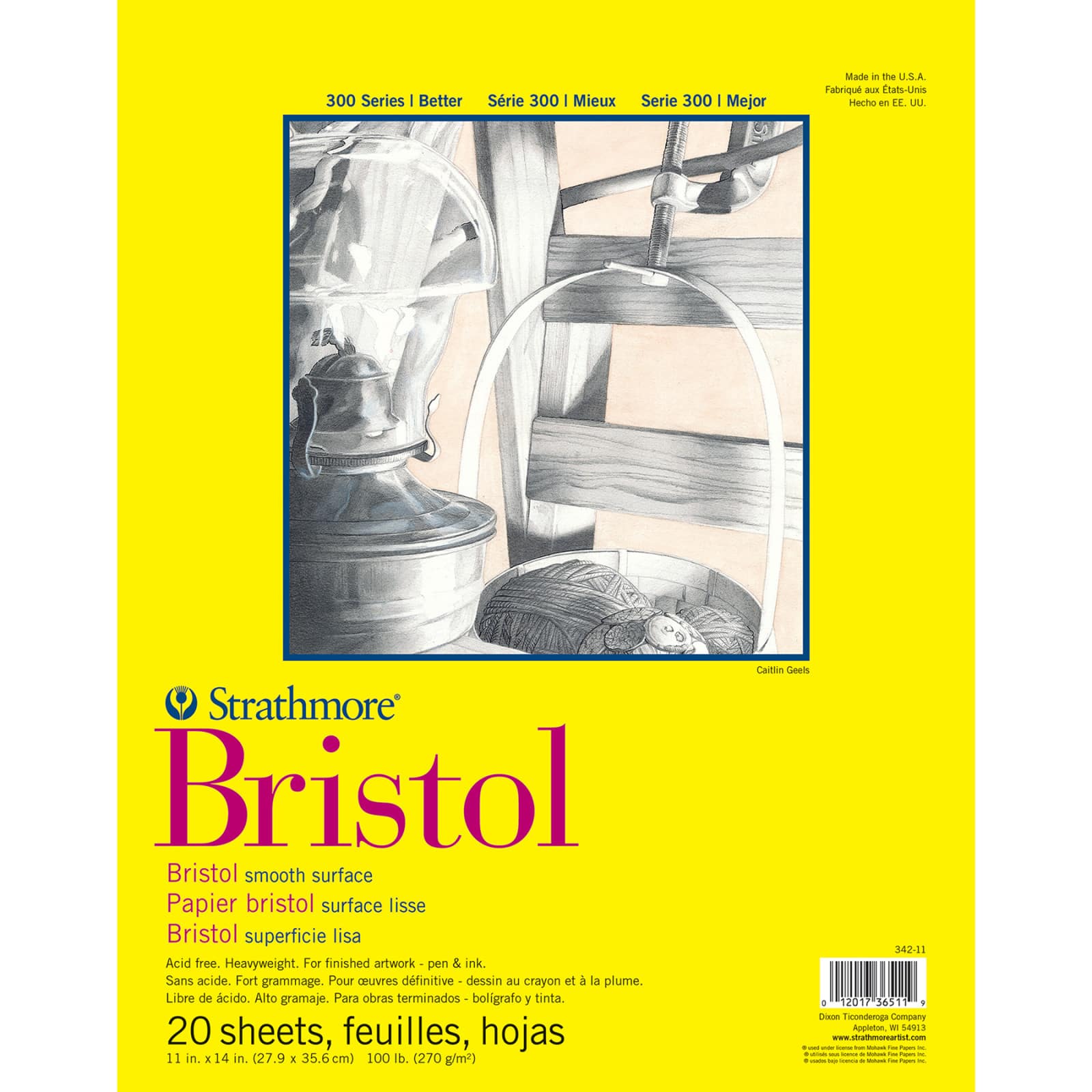 Strathmore Bristol Paper Pad, 300 Series, Tape-Bound, 20 Sheets, Smooth, 11" x 14""