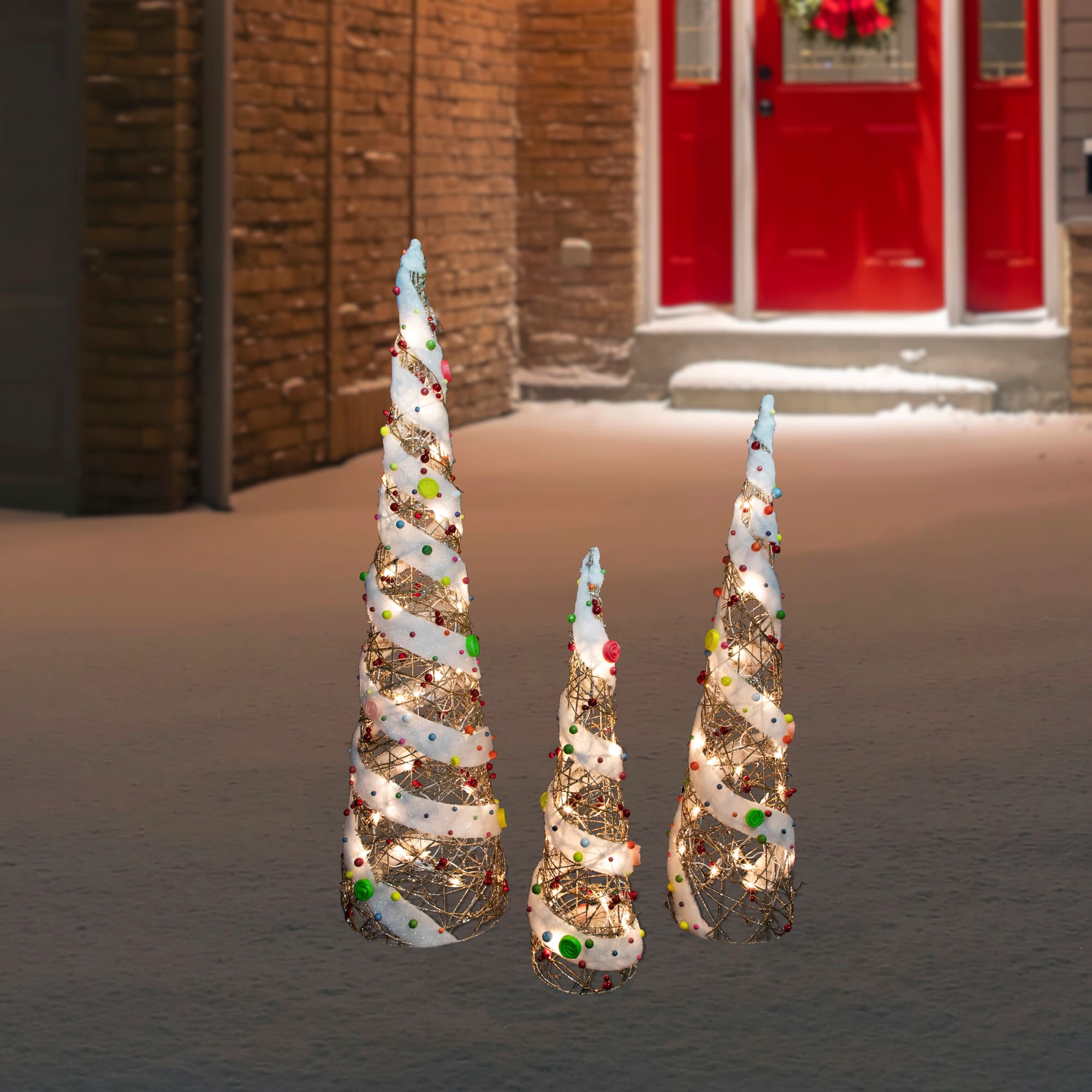 Set of 3 Lighted Champagne Gold Rattan Candy Covered Cone Tree Christmas Yard Art Decorations 39.25&#x22;