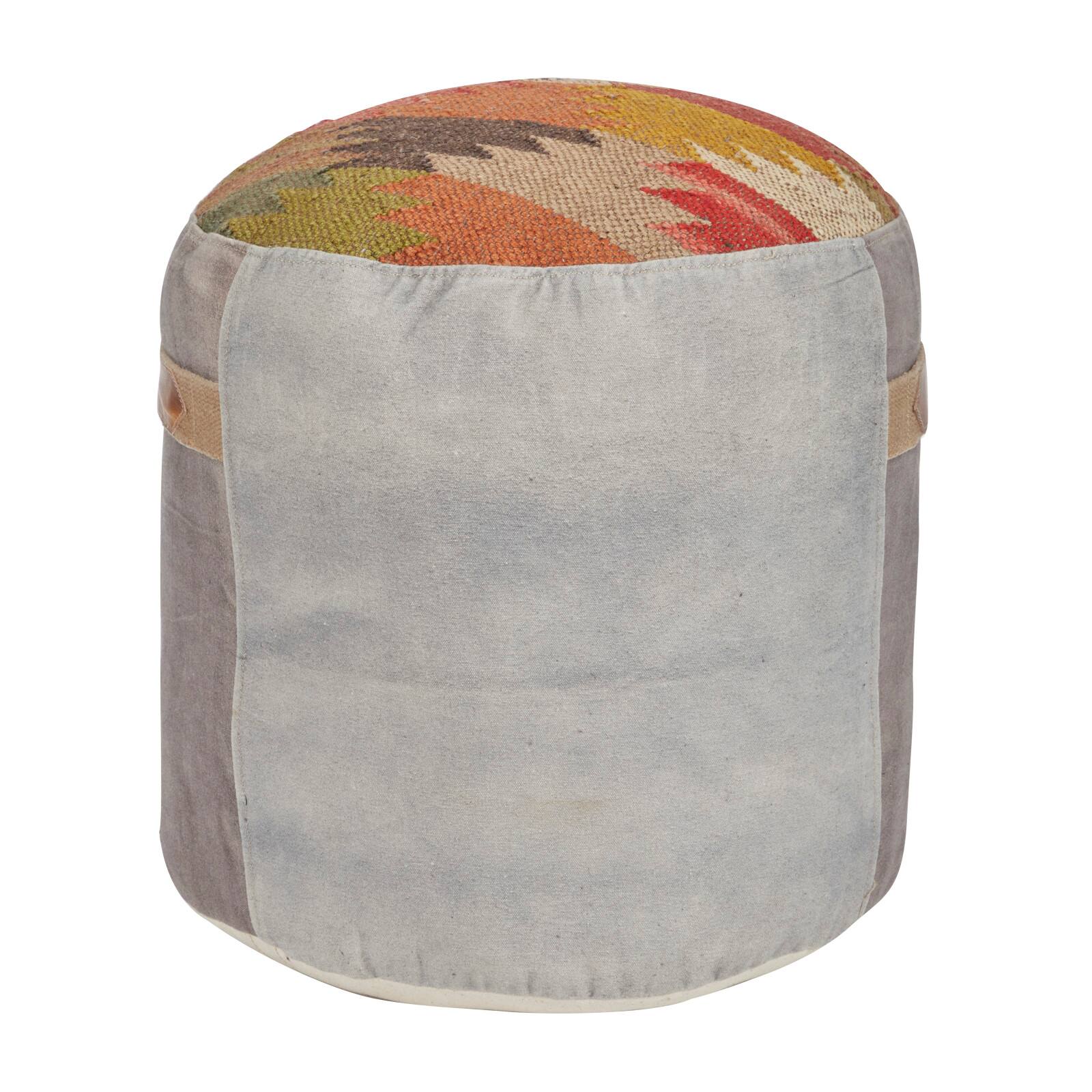 Multi Colored Cotton and Leather Bohemian Pouf, 19&#x22; x 17&#x22; x 17&#x22;