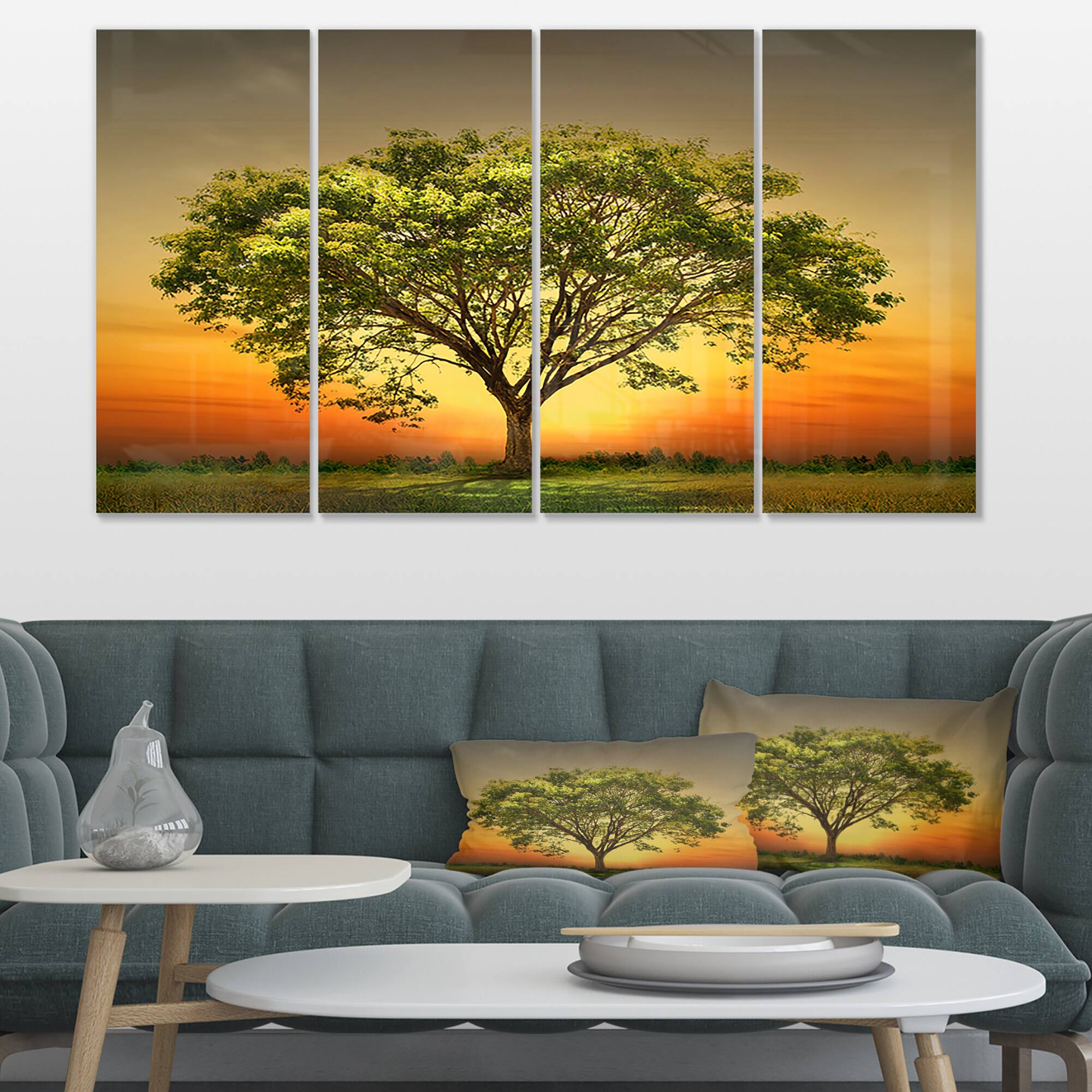 Designart - Green Tree against Setting Sun - Trees Canvas Art Print