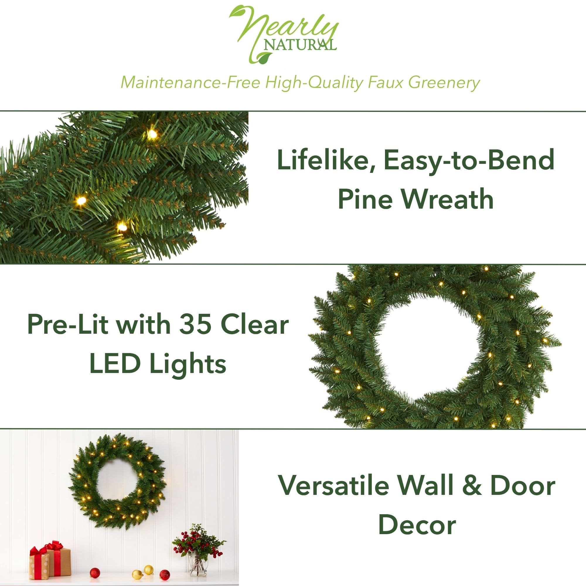 24" LED Green Pine Artificial Christmas Wreath