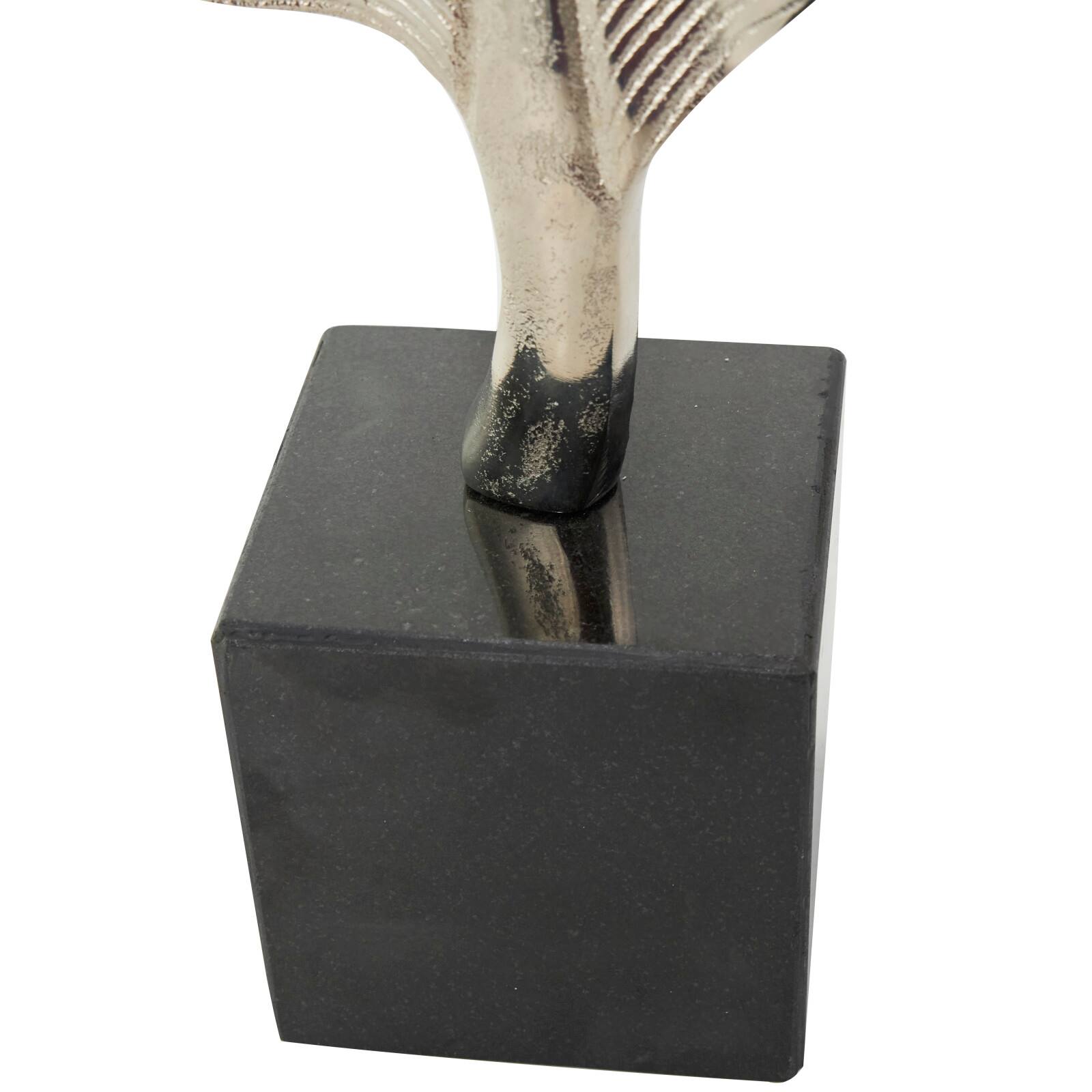 28" Silver Aluminum Bird Feather Sculpture with Black Marble Base