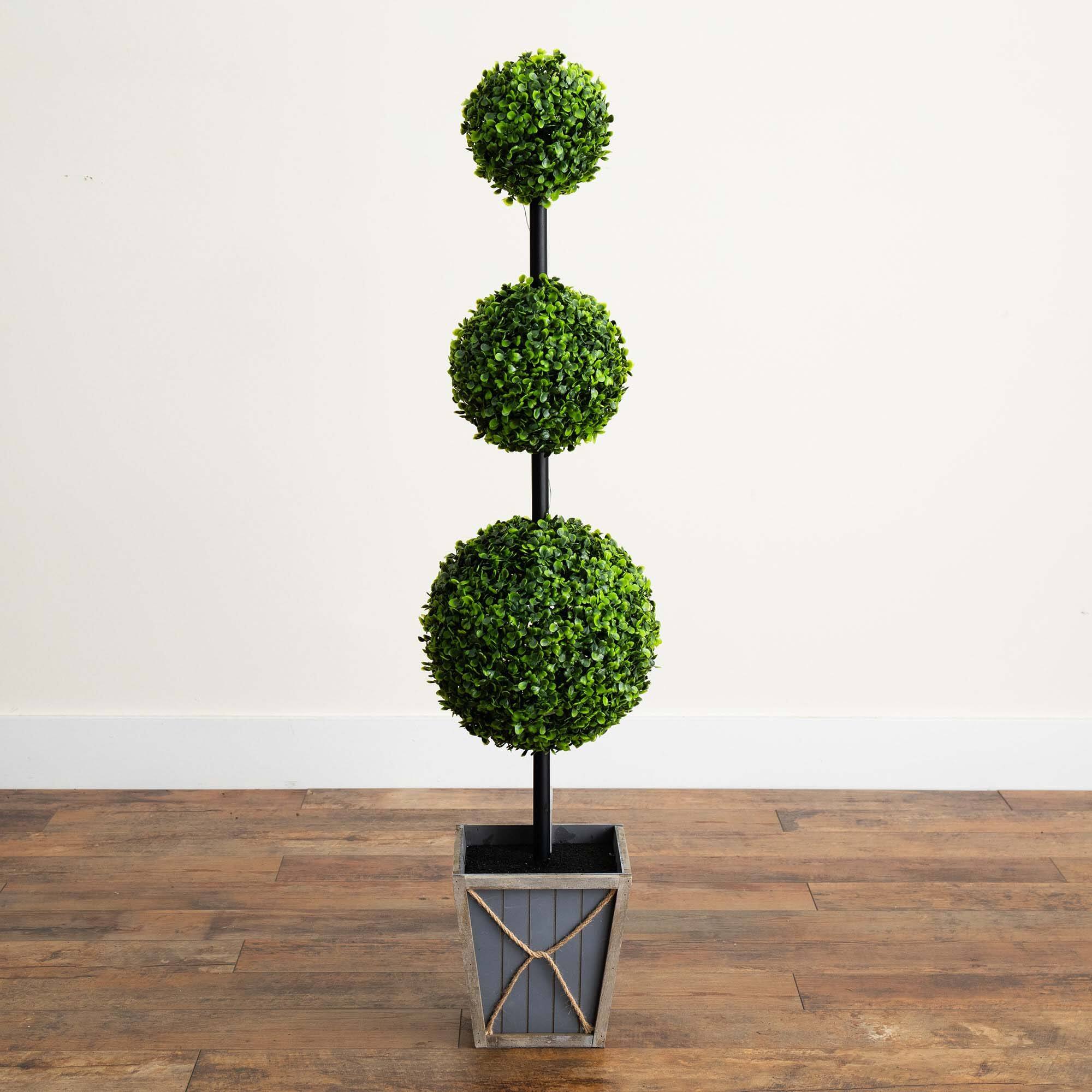 4ft. LED UV Resistant Triple Ball Boxwood Topiary in Decorative Planter